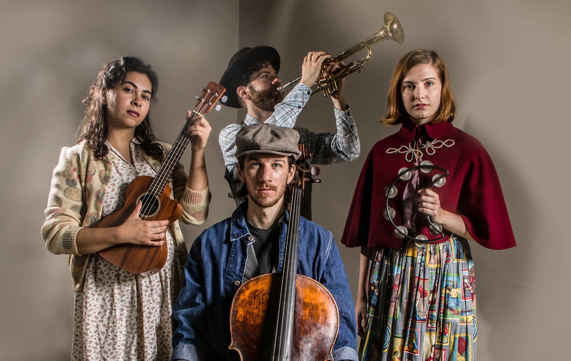 From left, front: Amanda Raquel Martinez, Alexander Ellsworth and Rachel Guth with TJ Anderson, center back, in “Ghost Quartet.” (Photo by Cole Simon)