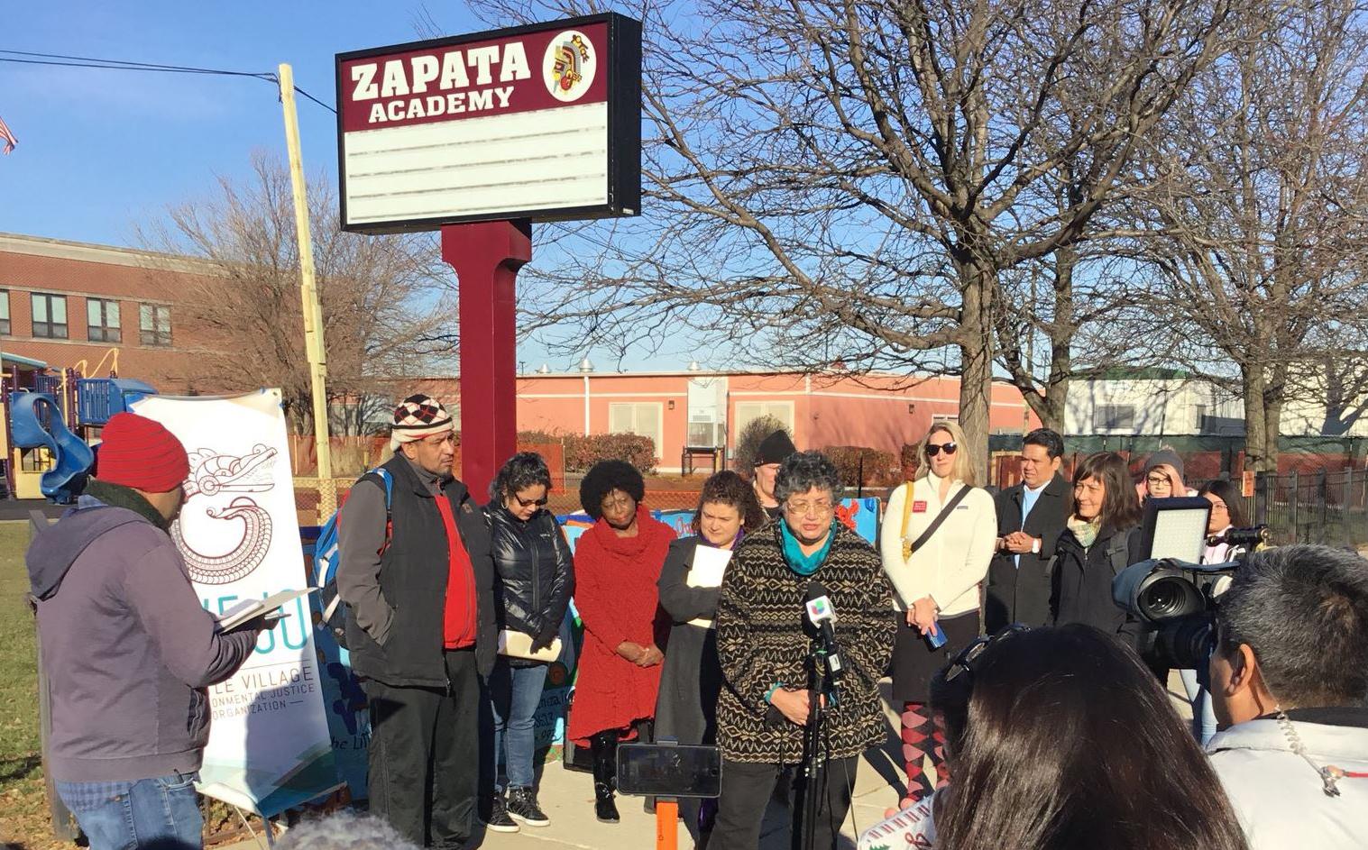 Peggy Salazar, director of the Southeast Environmental Task Force, speaks during a press conference Friday calling on Chicago to step up efforts to combat pollution on the city's South and West Sides. (Courtesy Little Village Environmental Justice Organization)