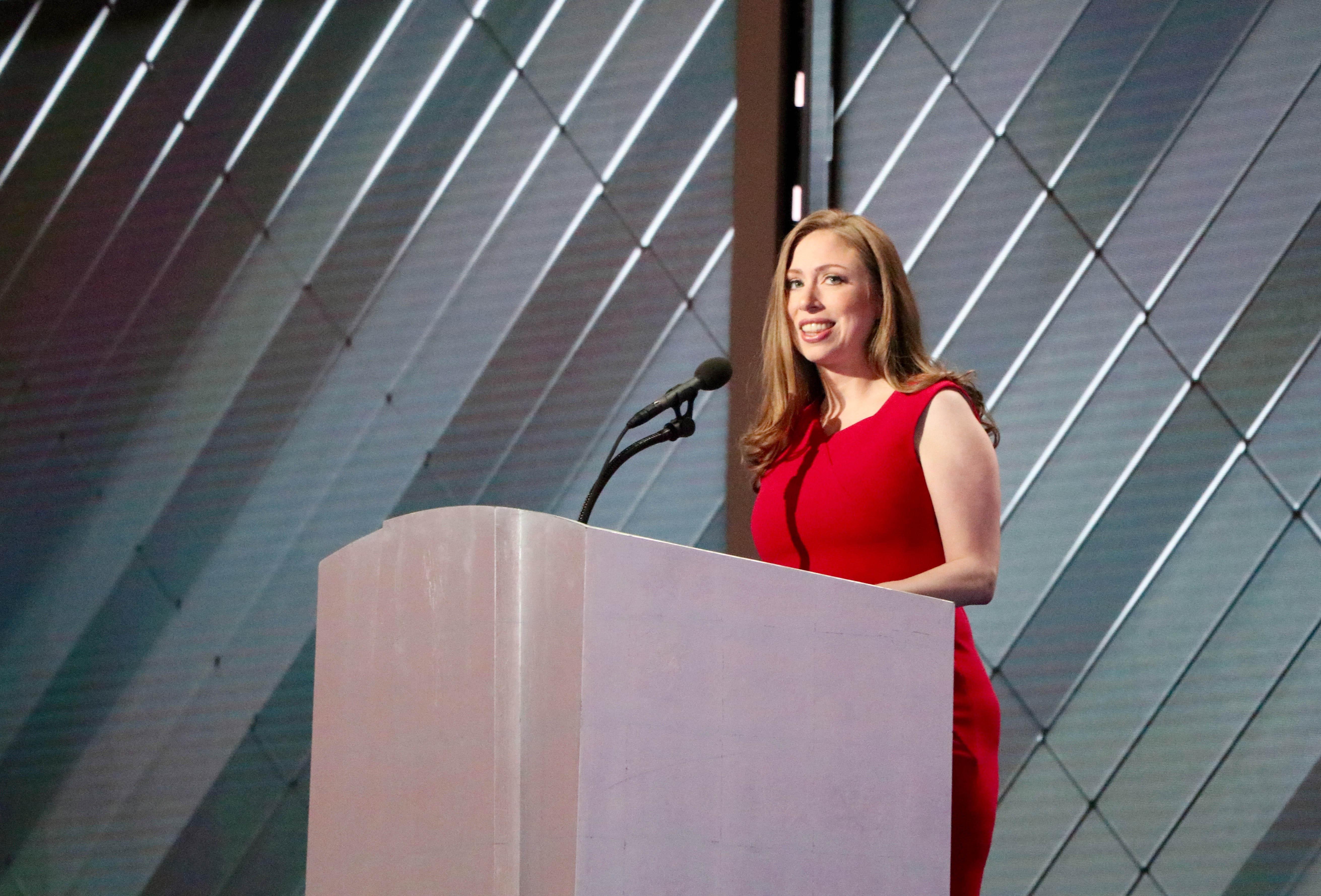 Chelsea Clinton addresses the Democratic National Convention, sharing stories of what she’s learned from her mother, Hillary. (Evan Garcia / Chicago Tonight) 