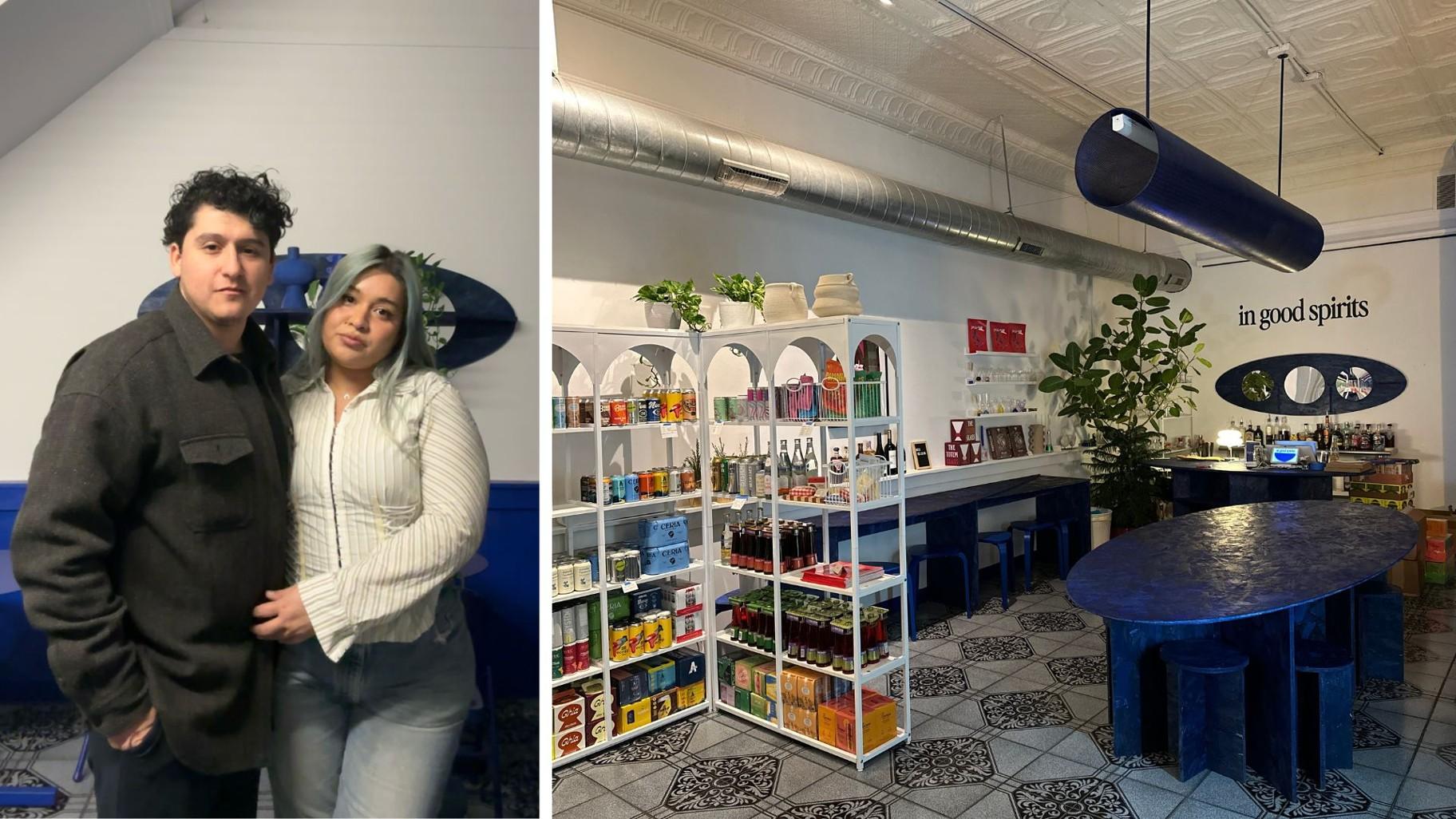 Left: In Good Spirits co-founders Hector Diaz and Adriana Gaspar. Right: Inside of In Good Spirits, located at 858 N. Ashland Ave., in West Town. (Courtesy Hector Diaz)