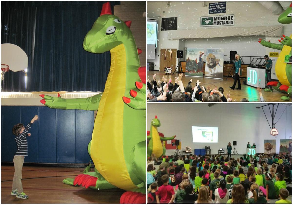 Photos from left clockwise: A student who has autism slays the dragon during an assembly for “Joshua’s Dragon.” (Courtesy of Manning Elementary). Stacey Glorioso leads an assembly. (Courtesy of Monroe Elementary). Students at Kinglsey Elementary learn to become dragon slayers. (Courtesy of Kinglsey Elementary)