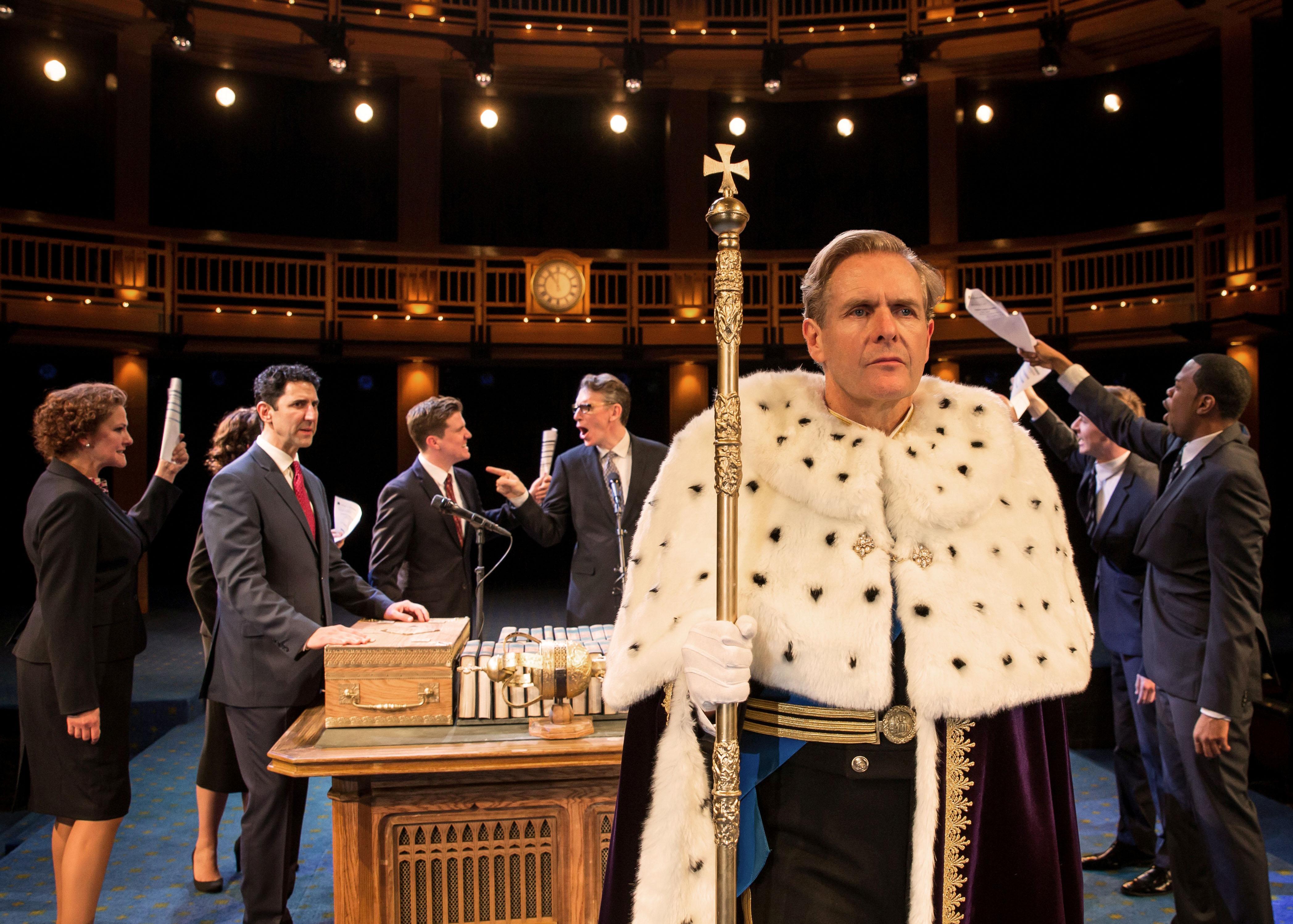 In an act of conscience, Charles (Robert Bathurst) makes a startling proclamation to the assembled Parliament in in Mike Bartlett’s award-winning new play “King Charles III.”  (Credit: Liz Lauren)