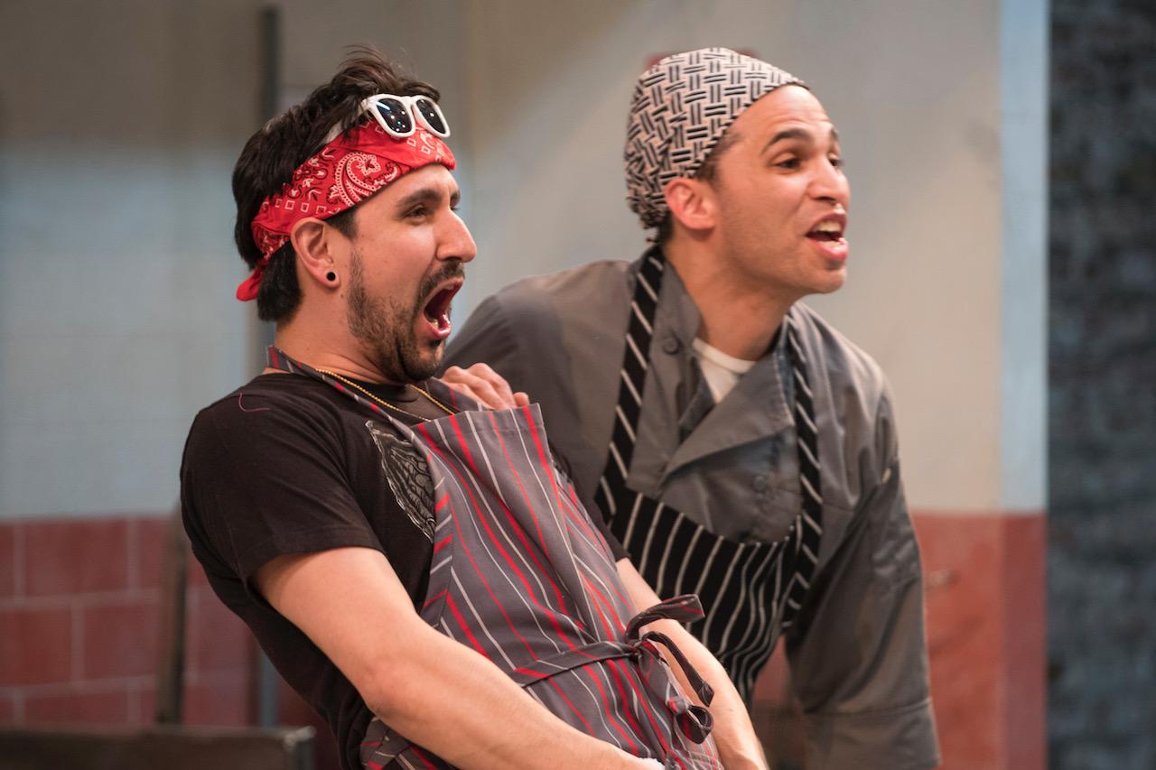 Víctor Maraña, left, and Dennis García in “How to Use a Knife.” (Photo by Michael Brosilow)