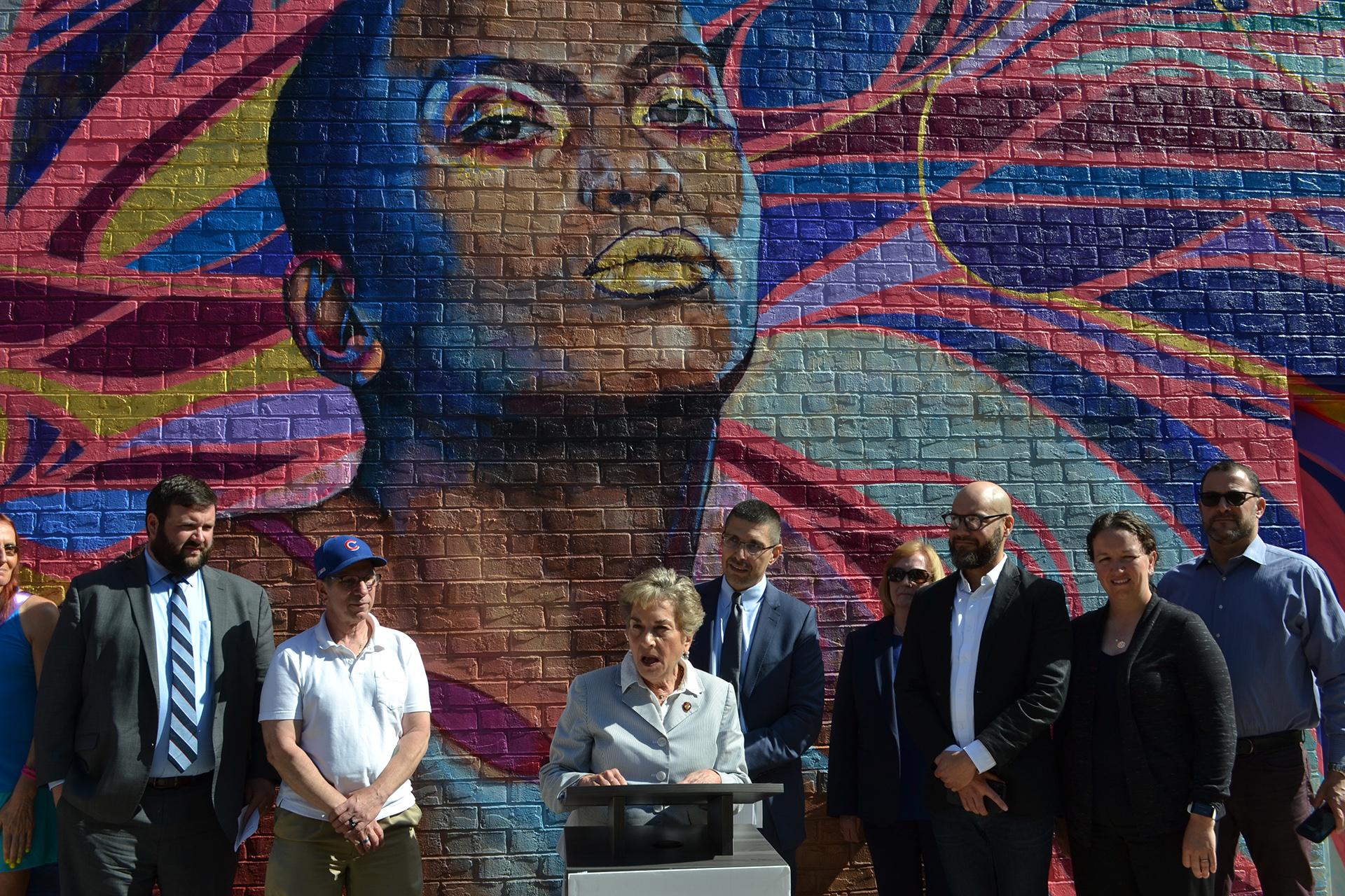 U.S. Rep. Jan Schakowsky (D-IL, 9th District) speaks outside the Howard Brown Health Center Friday, June 14 about how the Trump administration’s policies are limiting LGBTQ individuals’ access to health care. (Kristen Thometz / WTTW News)