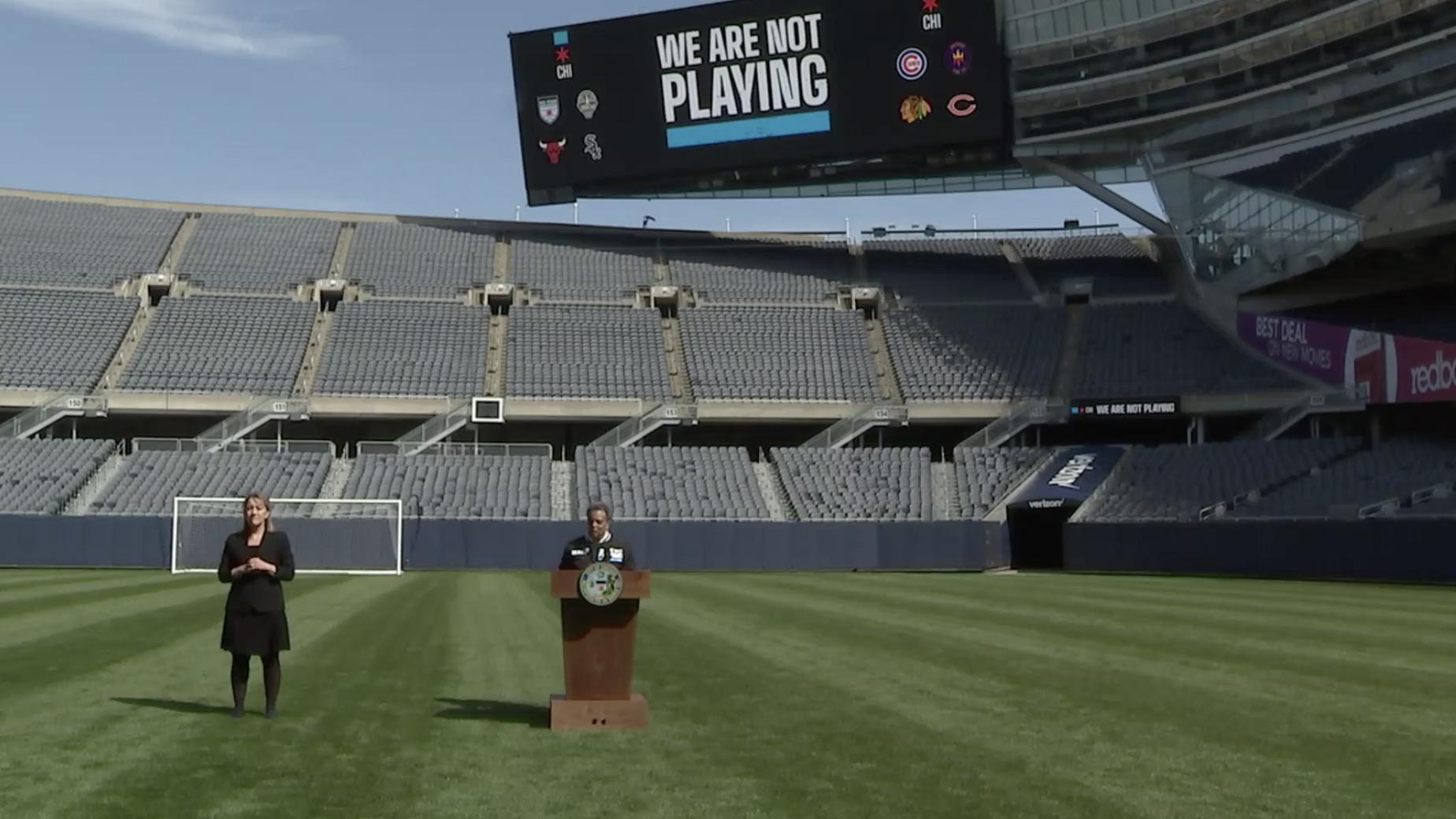 Mayor Lori Lightfoot teams up with the city’s professional sports teams to launch a new campaign, “We Are Not Playing,” to encourage residents to stay at home. Lightfoot announced the new campaign Monday in an empty Soldier Field. (Chicago Mayor’s Office / Facebook photo)