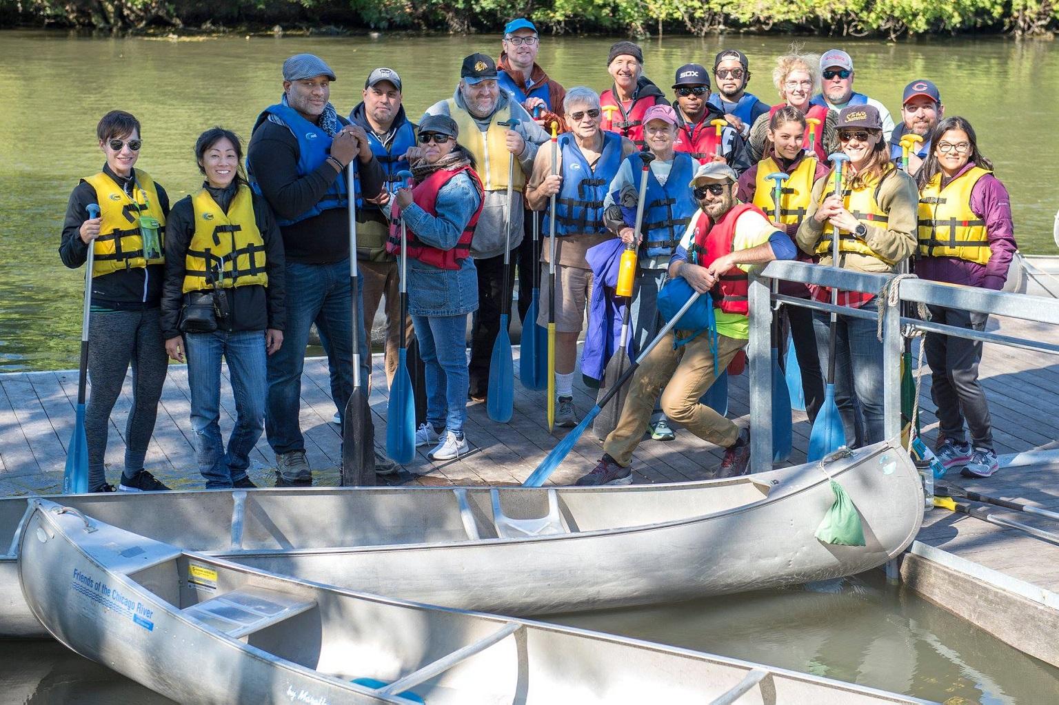 Residents and community leaders pose for a photo during a recent kick-off paddling event for the new Lathrop Riverfront Group. (Courtesy Metropolitan Water Reclamation District of Greater Chicago)