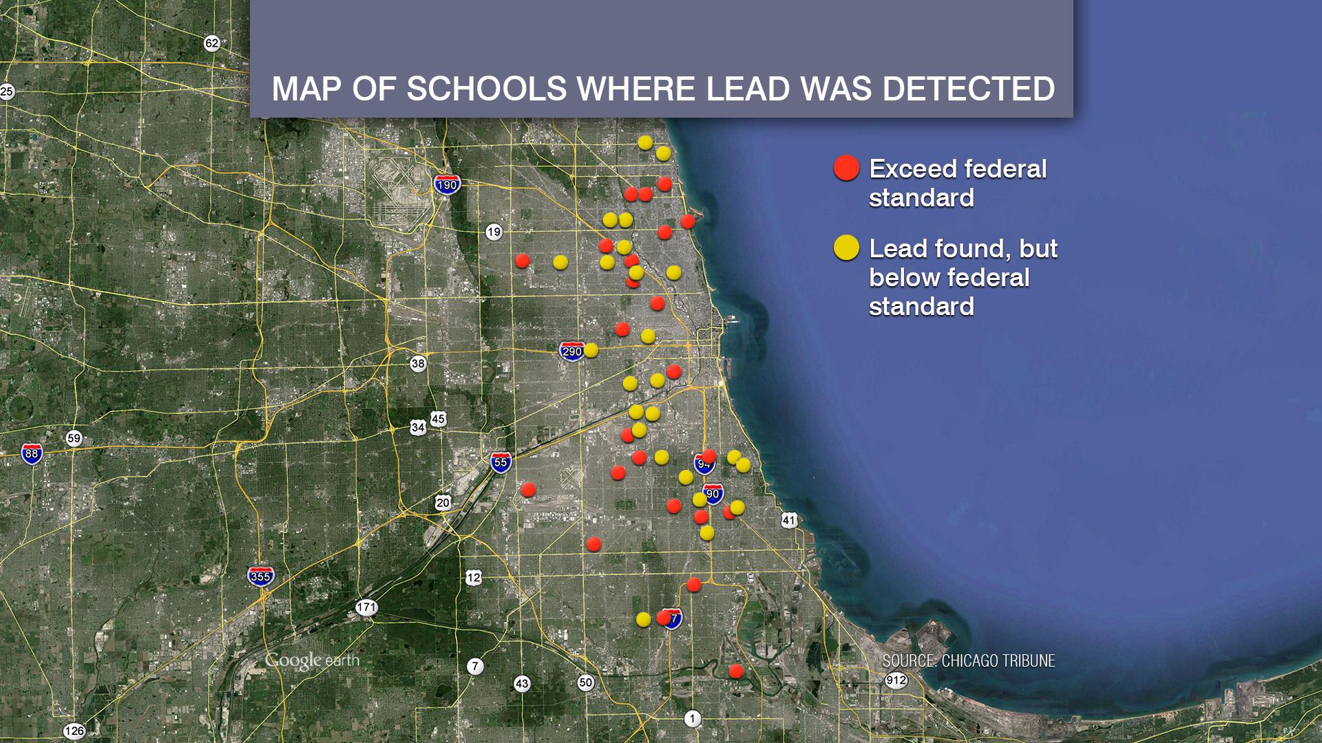 Chicago Public Schools officials released data last year showing high lead levels in water at 113 CPS schools, some of which are shown here.