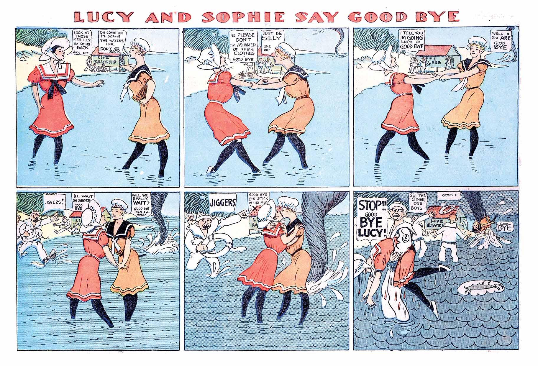 This anonymous strip ran for eight months in 1905 and always pictured its two protagonists furtively kissing for as long as they could before some inclemency swept them apart. It was unsigned perhaps for a reason, and the Chicago Tribune is to be lauded for its vision, sympathy and foresightedness at a time generally noted for neither. (Courtesy Chicago Cultural Center)