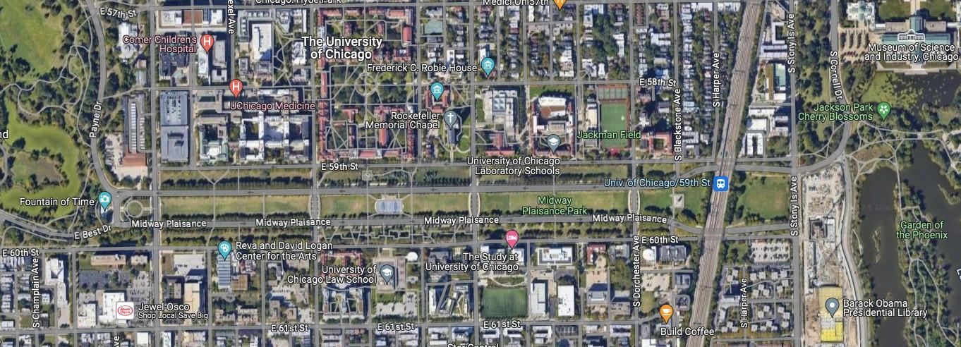A satellite view of Midway Plaisance, which connects Washington Park to the west and Jackson Park to the east. The planned playground will be built on the slice of land sandwiched between Stony Island on the east and Metra tracks on the west. (Google)