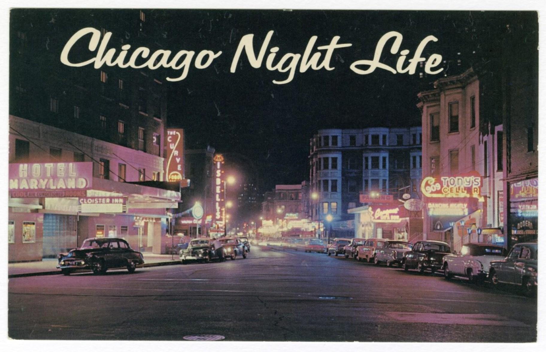 A postcard of Rush Street. Photograph from the “A Night at Mister Kelly’s” exhibit at the Newberry Library. (Courtesy of the Newberry Library)
