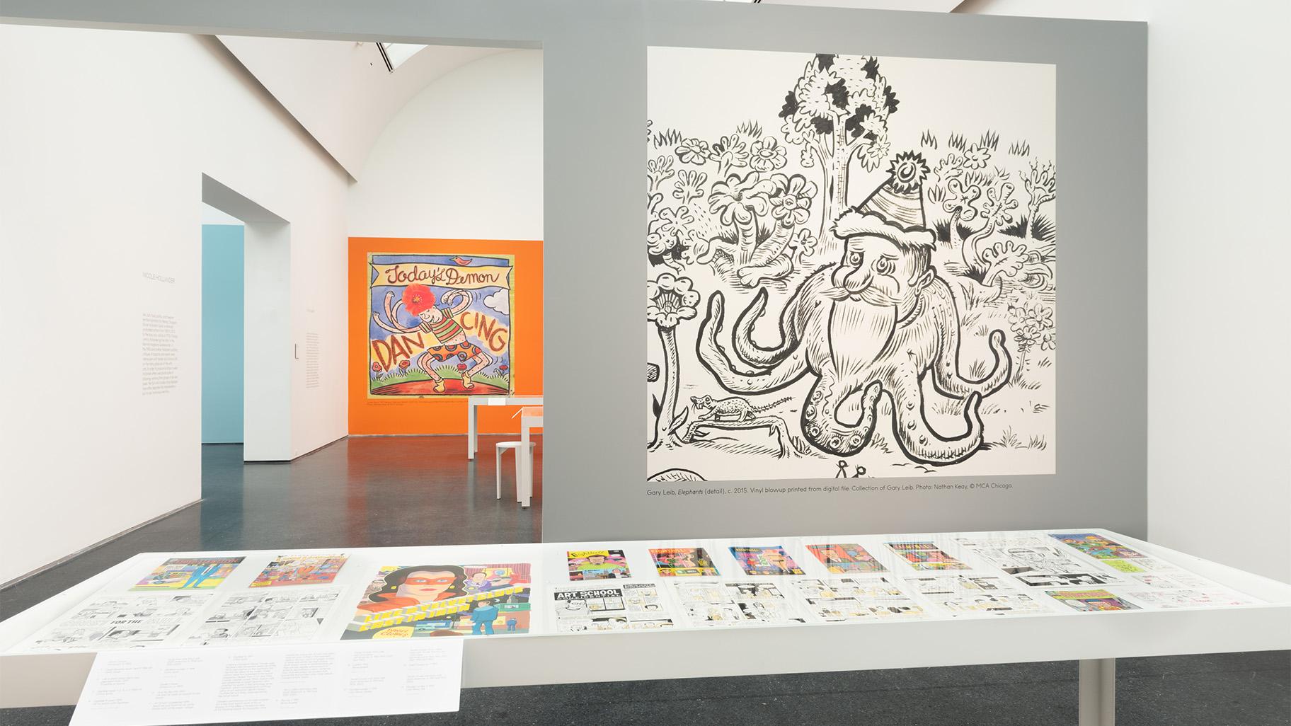 Installation view, Chicago Comics: 1960s to Now is on exhibition June 19 – Oct. 3, 2021. (Credit Nathan Keay /  MCA Chicago)