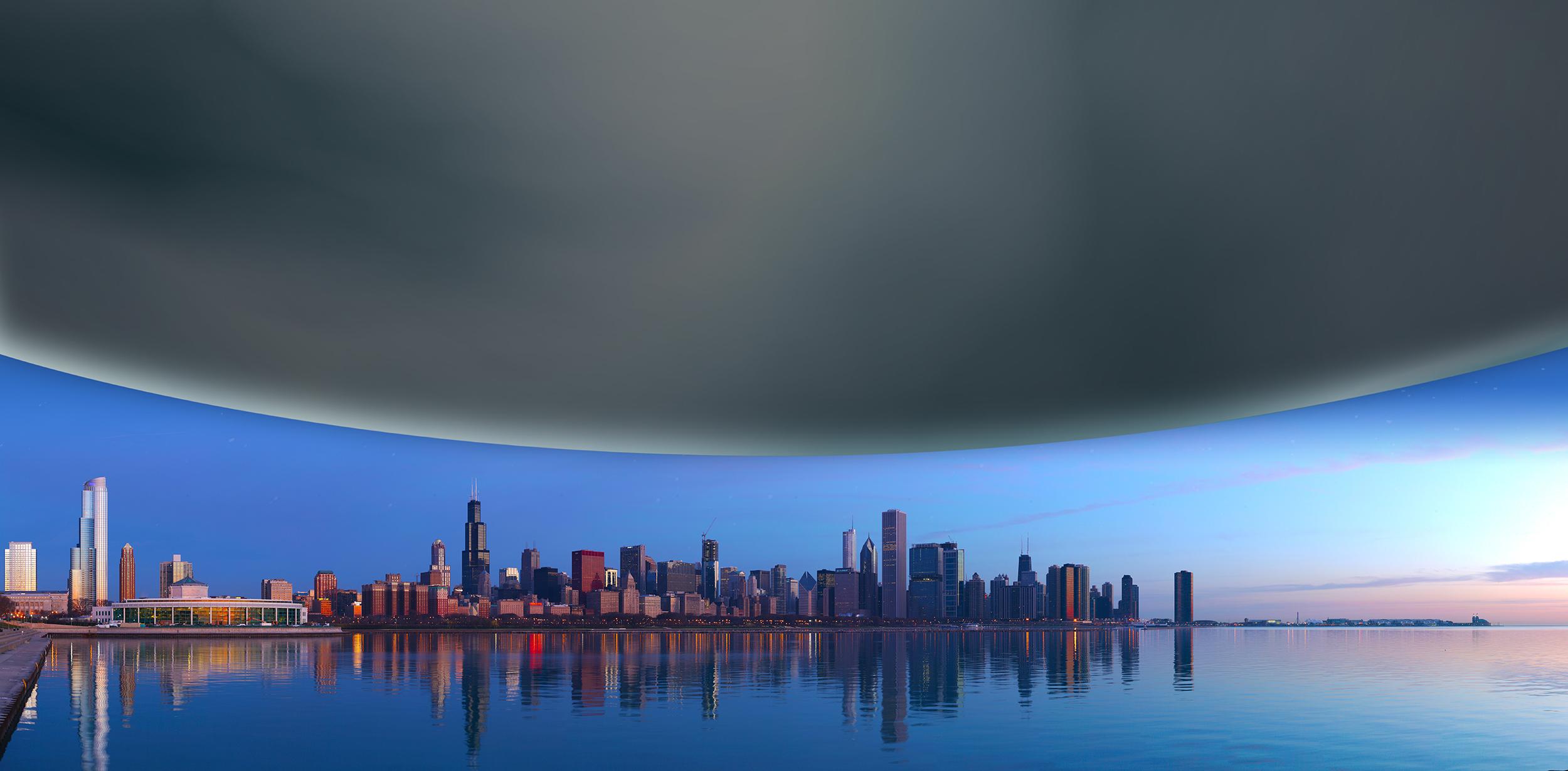 Neutron stars are incredibly incredibly dense, squeezing more than the mass of the sun into a sphere the size of a city. The diameter of a neutron star is about 12 miles, shown here scaled against the Chicago skyline for comparison. (LIGO-Virgo/Daniel Schwen/Northwestern)