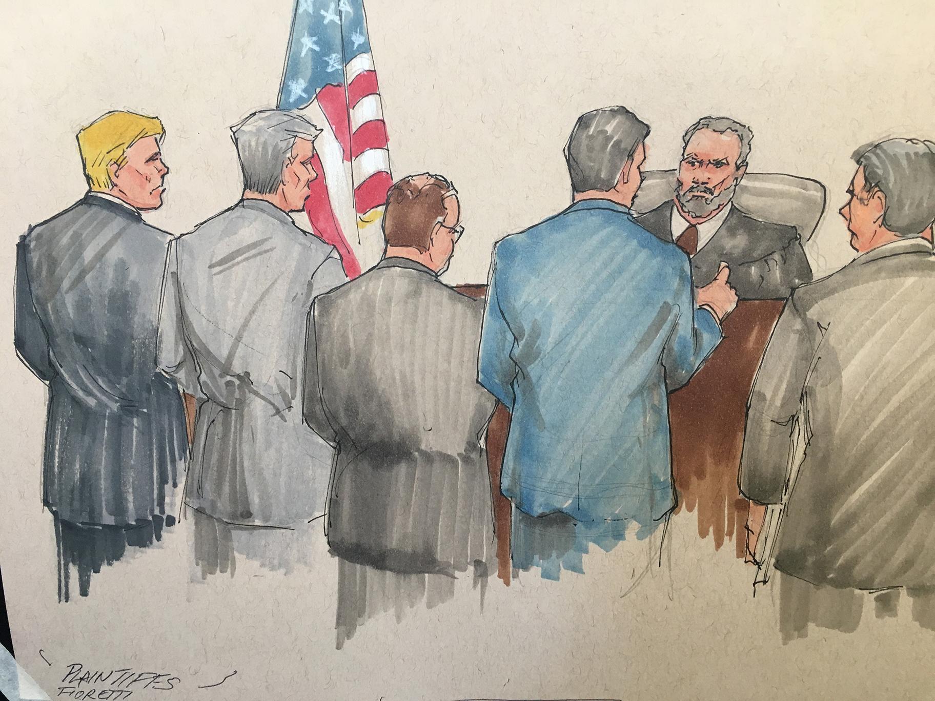 Plaintiffs appear before U.S. District Judge John Robert Blakey on Tuesday, June 11, 2019 to discuss a suit aiming to halt construction of the Obama Presidential Center in Jackson Park. (Courtroom sketch by Tom Gianni)