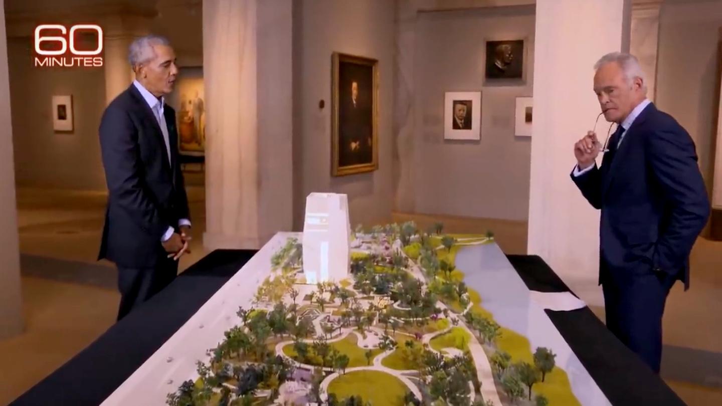 Former President Barack Obama and Scott Pelley, with a model of the Obama Presidential Center. (60 Minutes / YouTube)