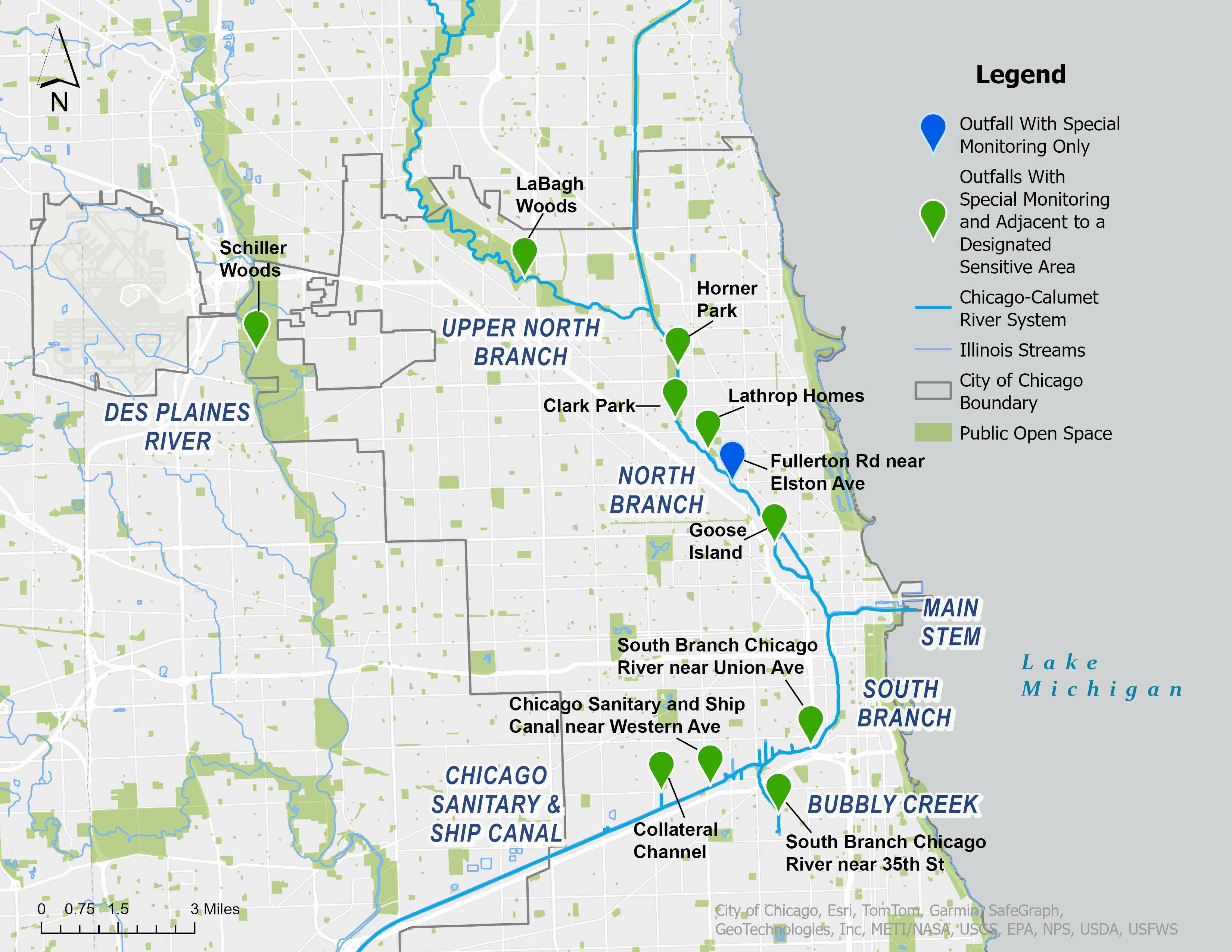 A map of the Chicago outfalls subject to stricter monitoring. (Friends of the Chicago River)