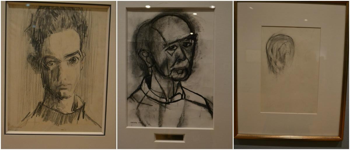 From left: William Utermohlen’s self-portraits in 1955 and 1995, and an erased head in 2000. (Courtesy Estate of William Utermohlen and private lenders)