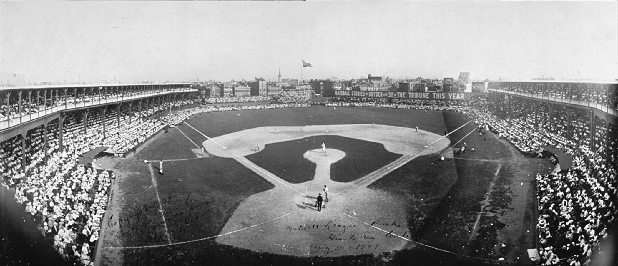 Before there was a Wrigley Field on Chicago’s North Side, the Cubs played all their home games at the West Side Grounds, located on a block bounded by Taylor, Wood, Polk, and Lincoln (now Wolcott) streets. The standing-room-only crowd at this August 30, 1908, game against archrival New York Giants was typical. (Bain Collection, Library of Congress)