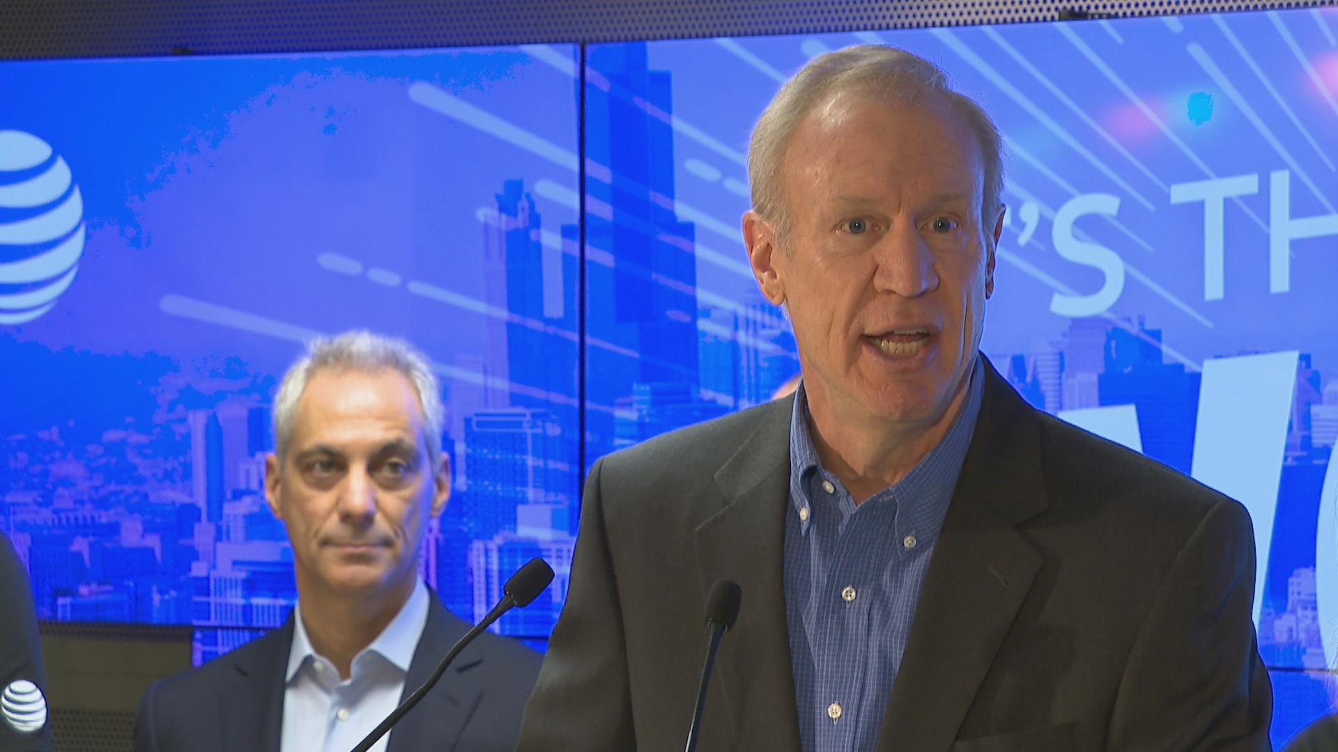 Gov. Bruce Rauner speaks Wednesday at a ribbon-cutting for a new AT&T call center on the Northwest Side. (Chicago Tonight)