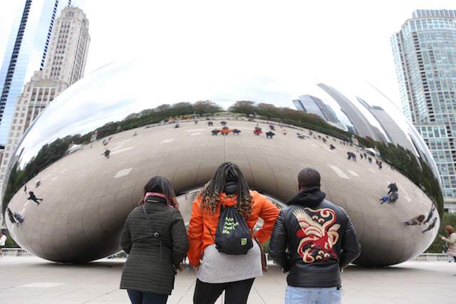 Road trippers Yasmine Tolbert, Taiheem Wentt and Denise Flores at the Chicago Bean. (Courtesy Roadtrip Nation)