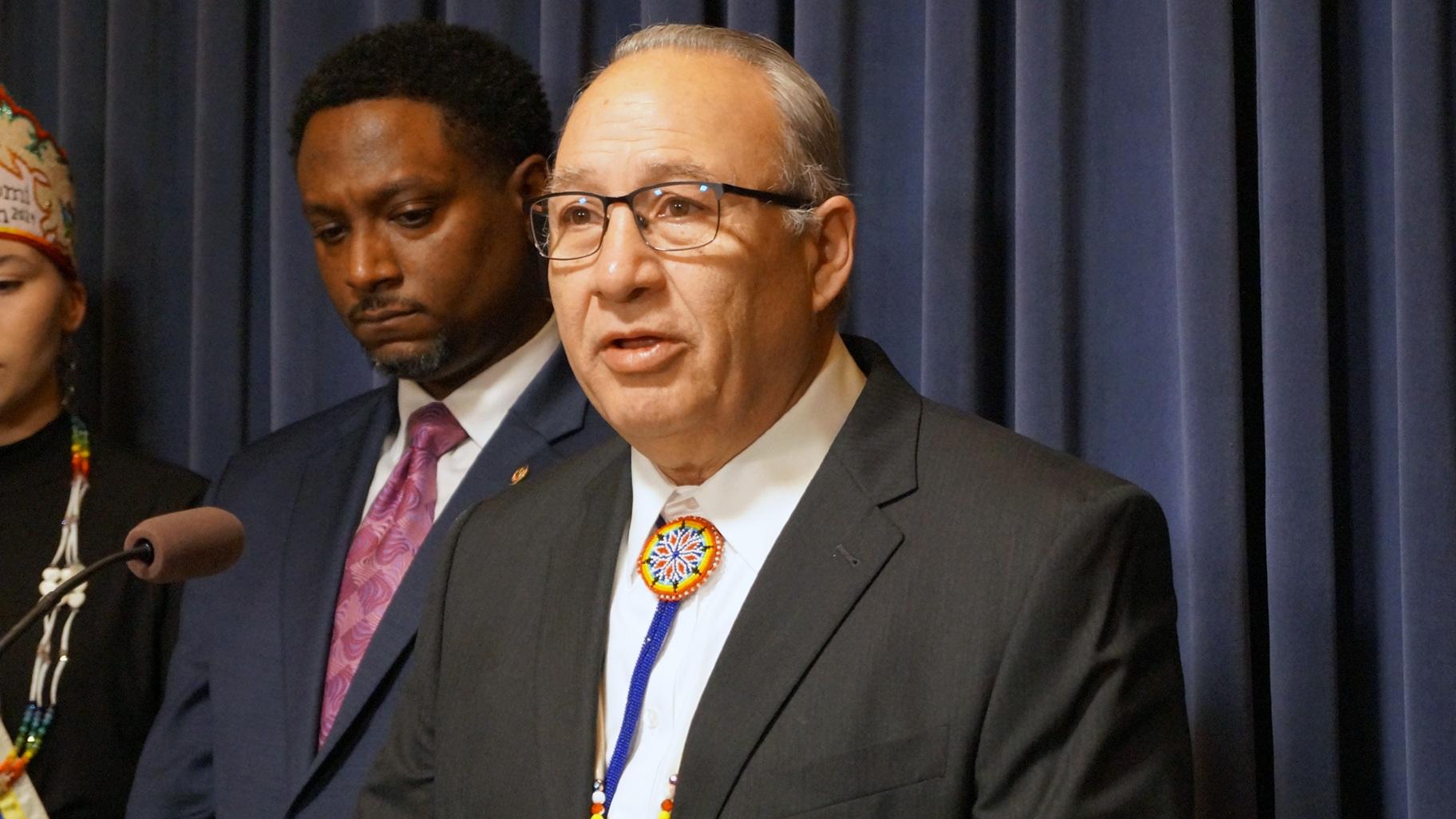Joseph “Zeke” Rupnick, tribal chairman of the Prairie Band Potawatomi Nation, speaks at a news conference at the Illinois Capitol in February 2024. (Peter Hancock / Capitol News Illinois)