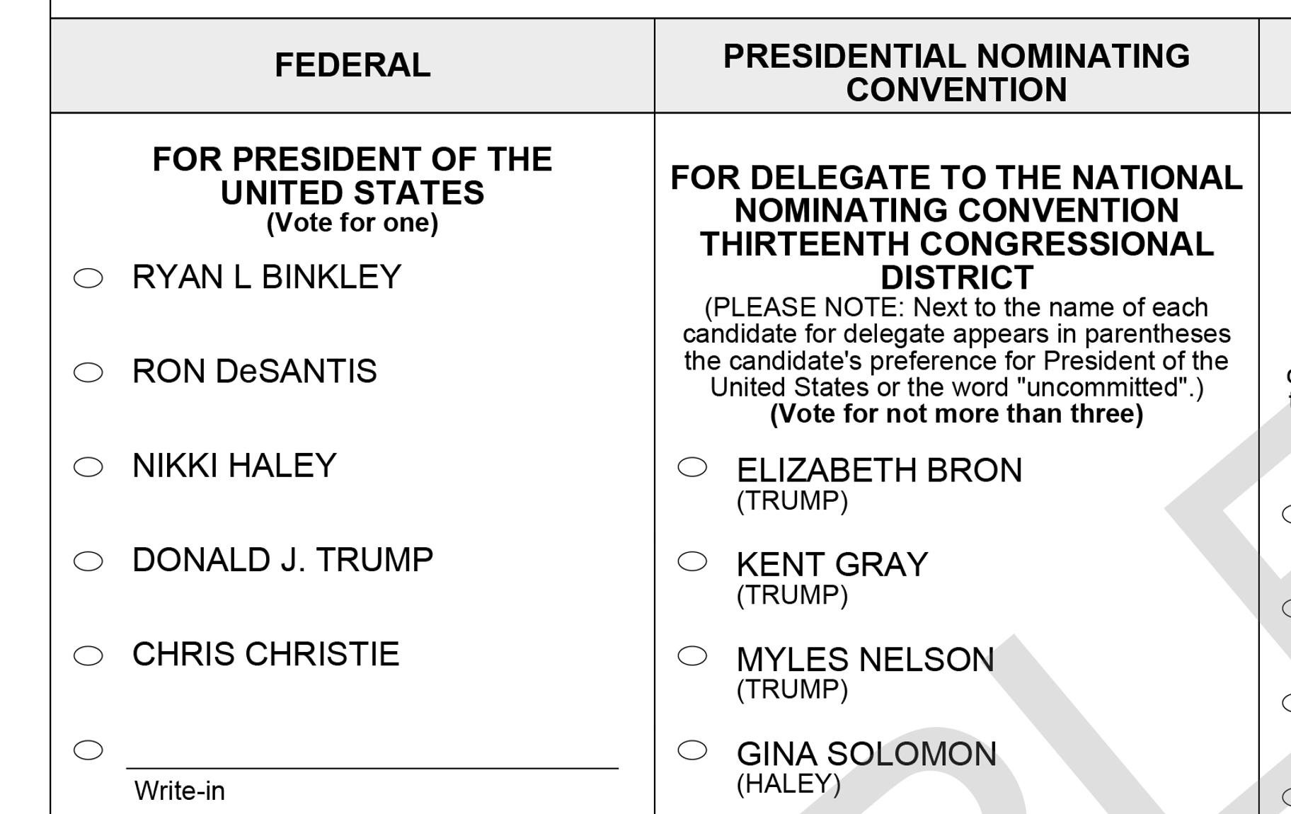 A sample ballot from Sangamon County shows the names that will appear before voters in the March 19 Republican primary, pending action by a Cook County Circuit Court. 