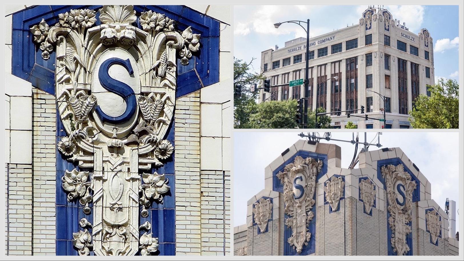 The five-story Schulze Baking Company Building, with its creamy terra cotta and bright blue accents, has anchored the corner of East Garfield Boulevard and South Wabash Avenue since 1914. (Credits, clockwise from left: Debbie Mercer, Eric Allix Rogers (2)) 