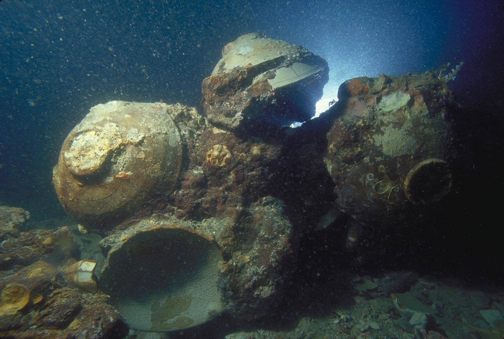 Chinese ceramic bowls at the site of the Java Sea shipwreck site in Indonesia. (Pacific Sea Resources / The Field Museum)