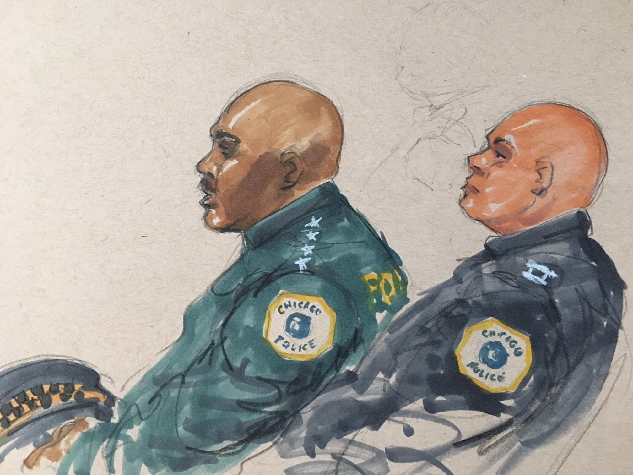 Chicago Police Superintendent Eddie Johnson, left, attends a hearing for Shomari Legghette at the Leighton Criminal Court Building on Monday, March 12. (Courtroom sketch by Thomas Gianni)