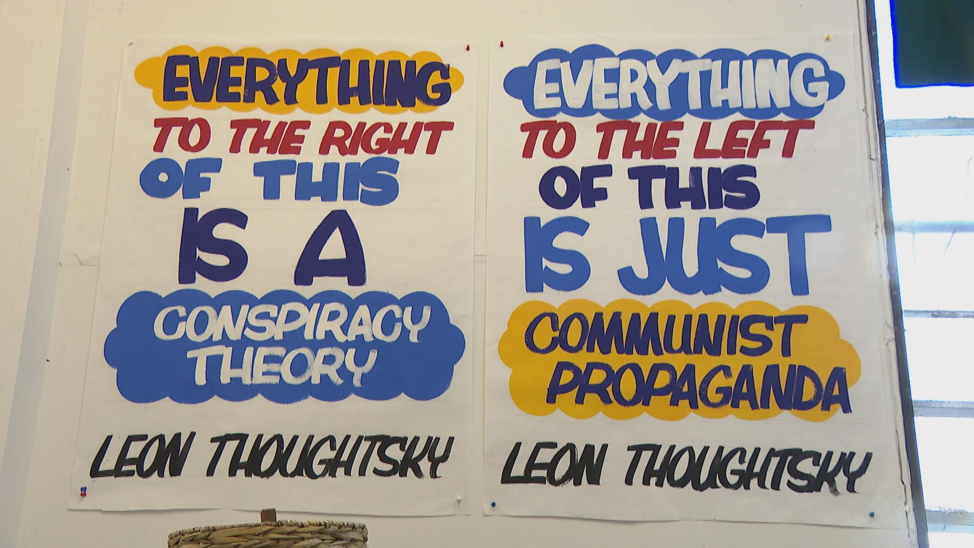 Chicago street artist Leon Thoughtsky takes sardonic quips and mixes them with the painted signs often seen advertising grocery store produce. (WTTW News) 