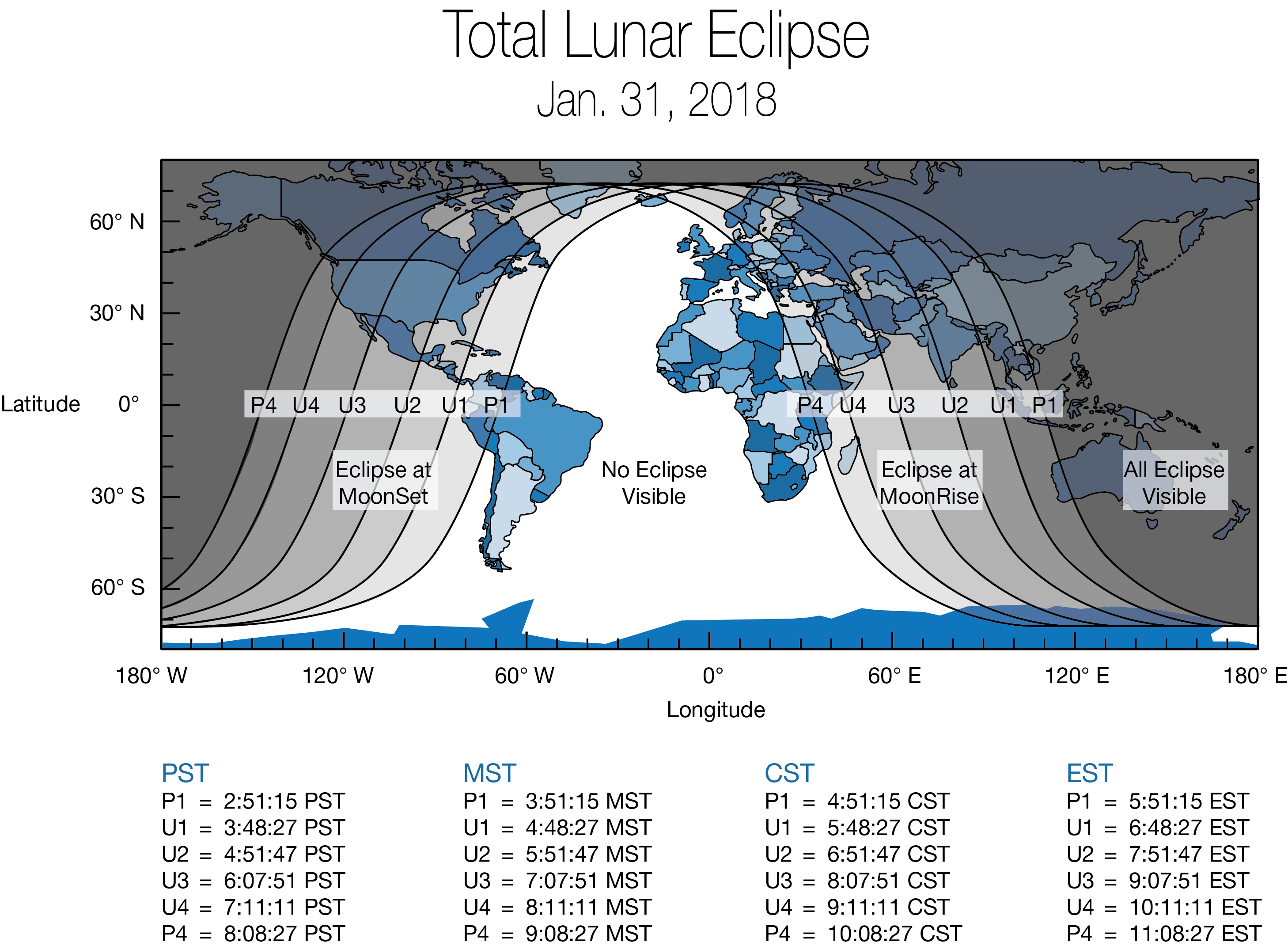 Map showing areas that will be able to view (weather permitting) the Jan. 31 super blue blood moon. (NASA)