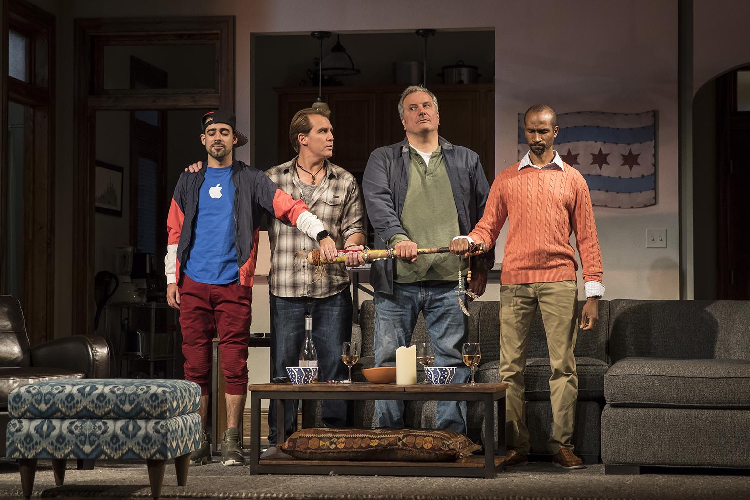 Tommy Rivera-Vega (Kevin), Ryan Kitley (Brian), Keith Kupferer (Roger) and Anthony Irons (Delano) in the world premiere of “Support Group for Men.” (Photo credit: Liz Lauren)