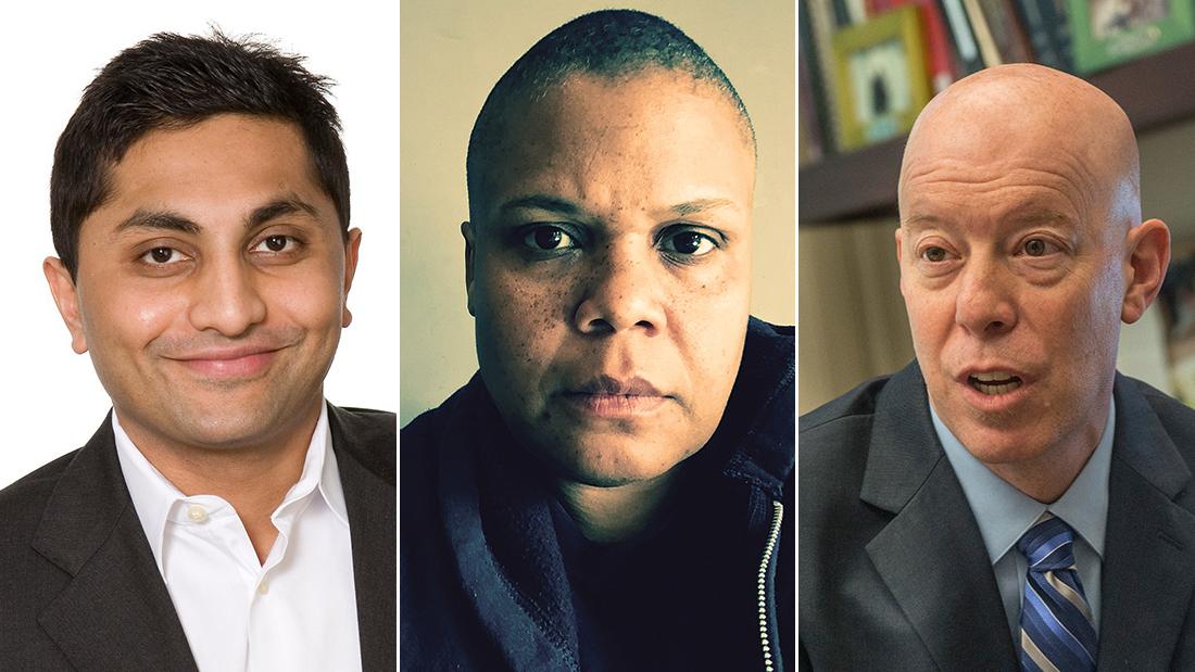 From left: Ameya Pawar, Keeanga-Yamahtta Taylor and Craig Futterman participate in this weekend’s symposium at the School of the Art Institute of Chicago. (Courtesy of SAIC)