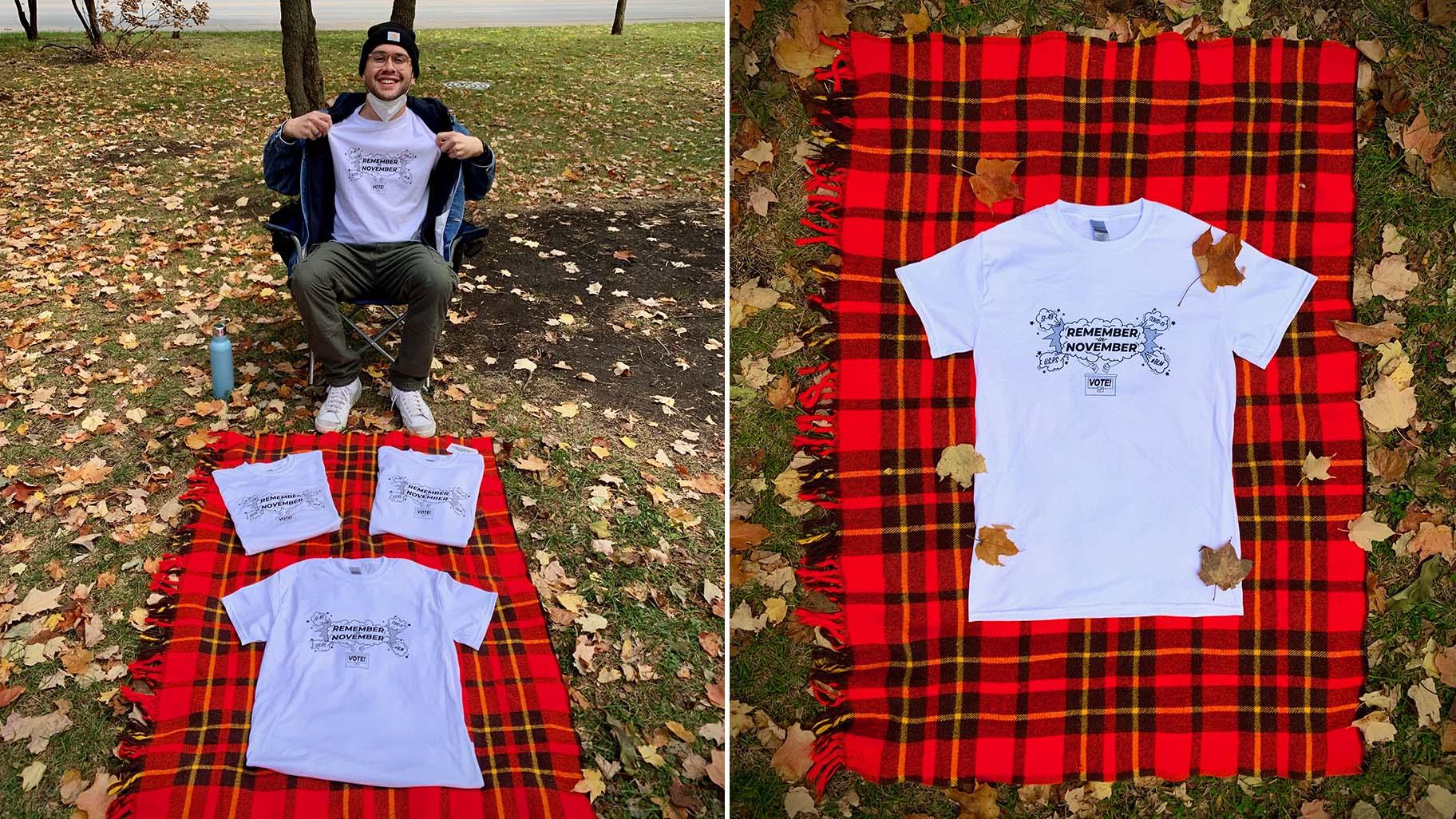 Left: Horace Nowell sells his shirts at the Logan Square Monument park on Oct. 4, 2020. (Ariel Parrella-Aureli / WTTW News) Right: A close-up of the T-shirt. (Courtesy of Horace Nowell)
