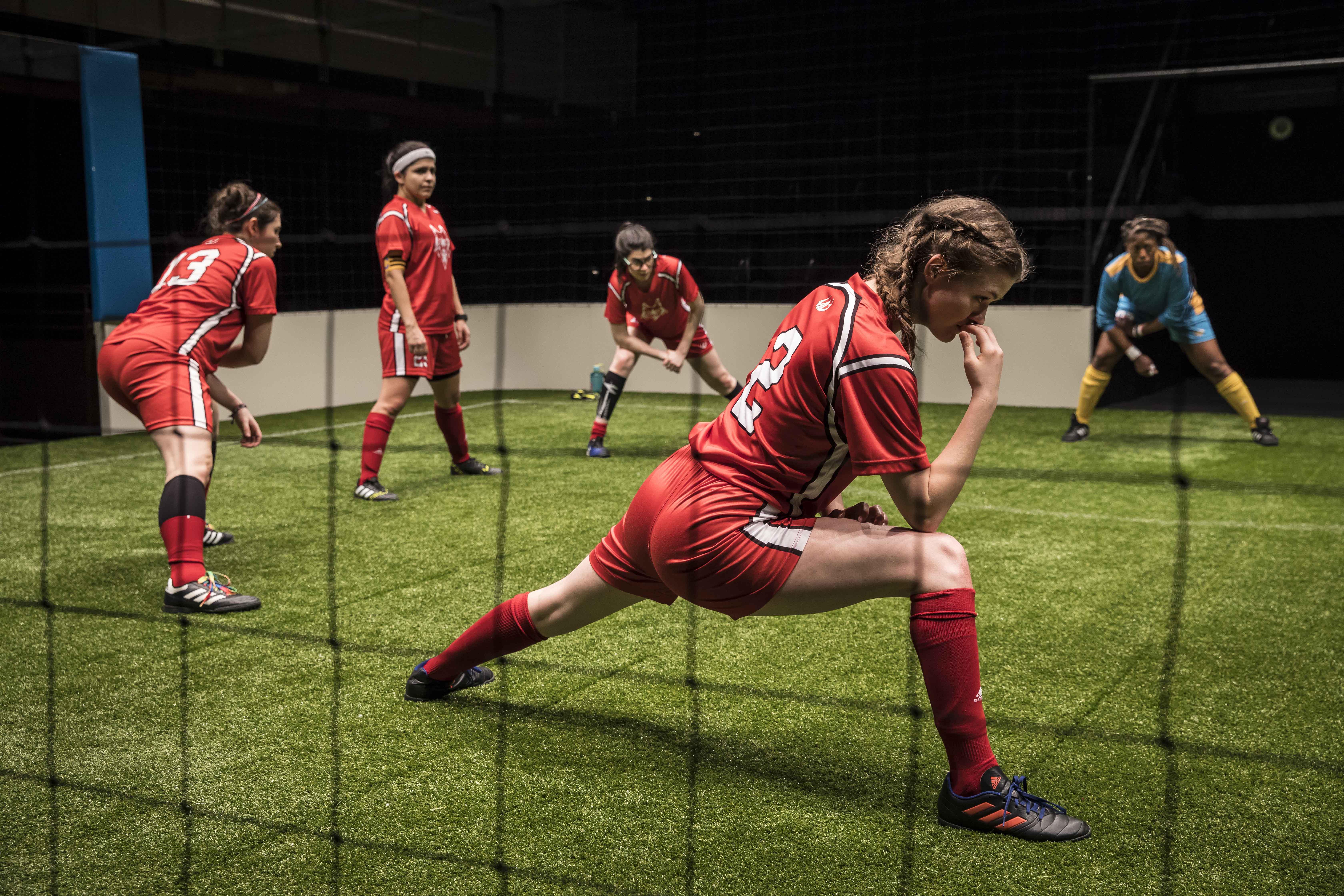 Taylor Blim (No. 2), Mary Tilden (No. 13), Isa Arciniegas (No. 25), Sarah Price (No. 11) and Angela Alise (No. 00) in “The Wolves” at Goodman Theatre. (Credit: Liz Lauren)