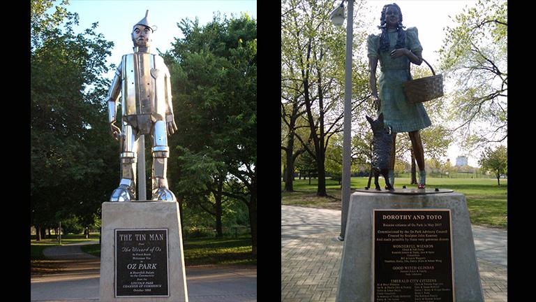 Statues in Oz Park of the Tin Man (Richie Diesterheft / Flickr) and Dorothy and Toto (Ingrid Richter / Flickr).