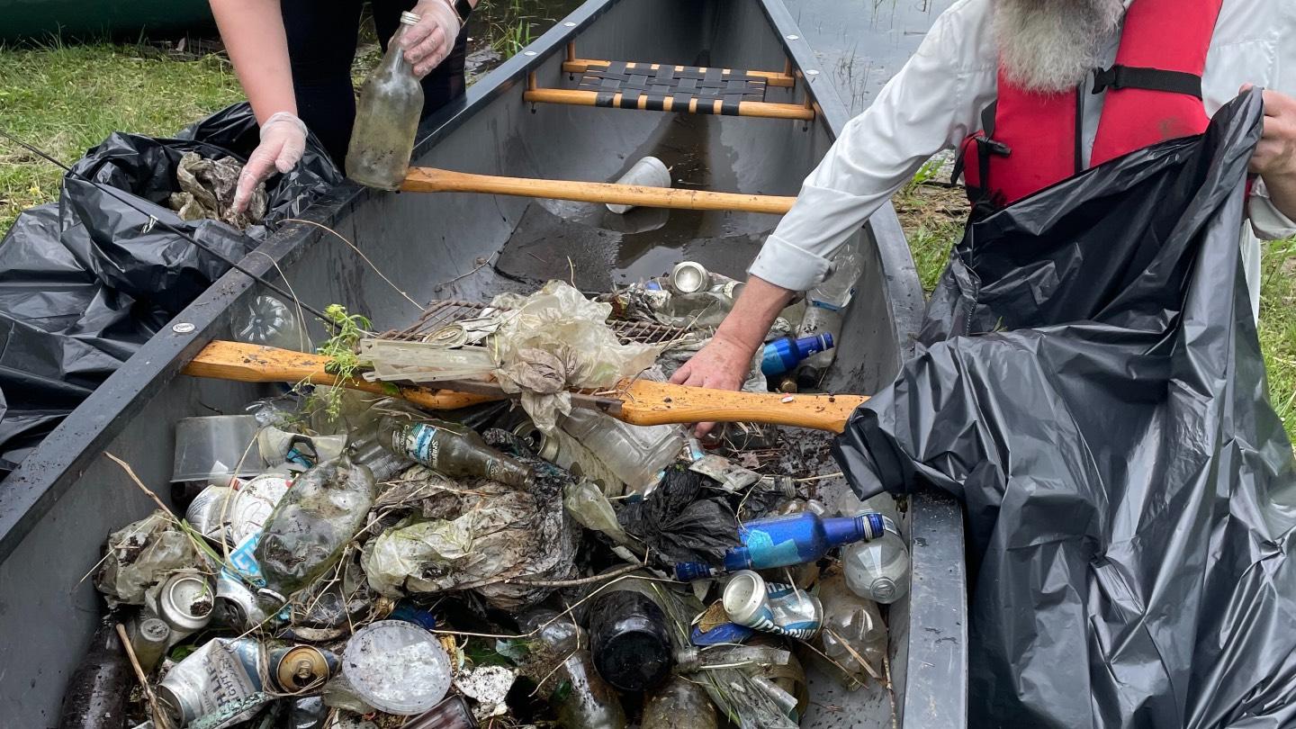 A canoe filled with trash pulled from the Chicago River by volunteers at Beubien Woods. (Friends of the Chicago River)