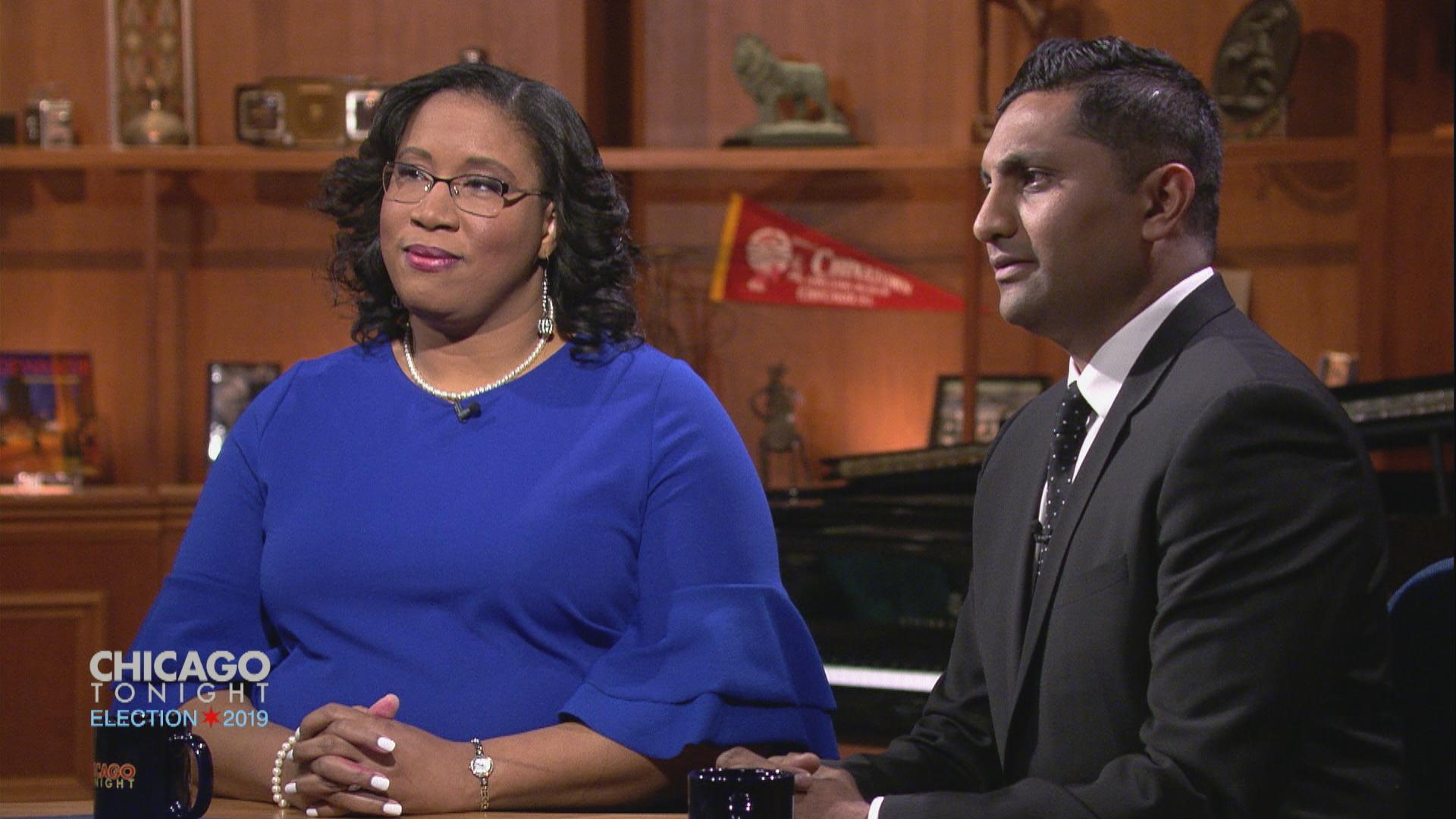 City treasurer candidates Melissa Conyears-Ervin and Ameya Pawar participate in a “Chicago Tonight” forum on March 18, 2019.