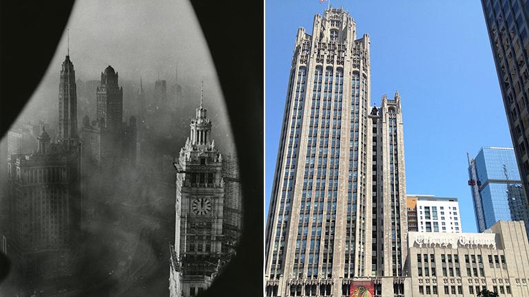 Left: A view from the Tribune Tower observation deck in 1952. Right: The Tribune Tower today.