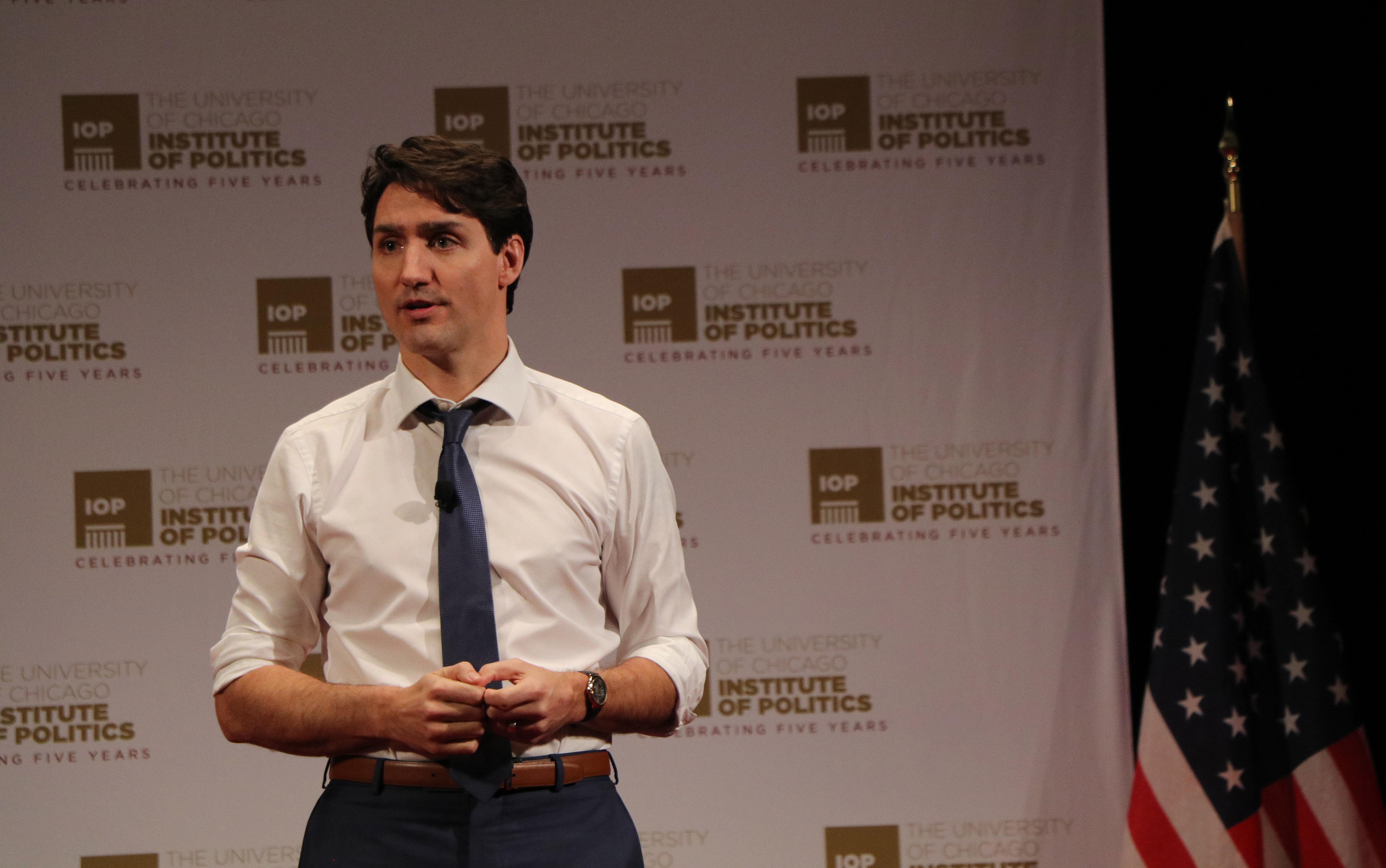 Canadian Prime Minister Justin Trudeau speaks at the University of Chicago's Institute of Politics on Wednesday. (Evan Garcia / Chicago Tonight)