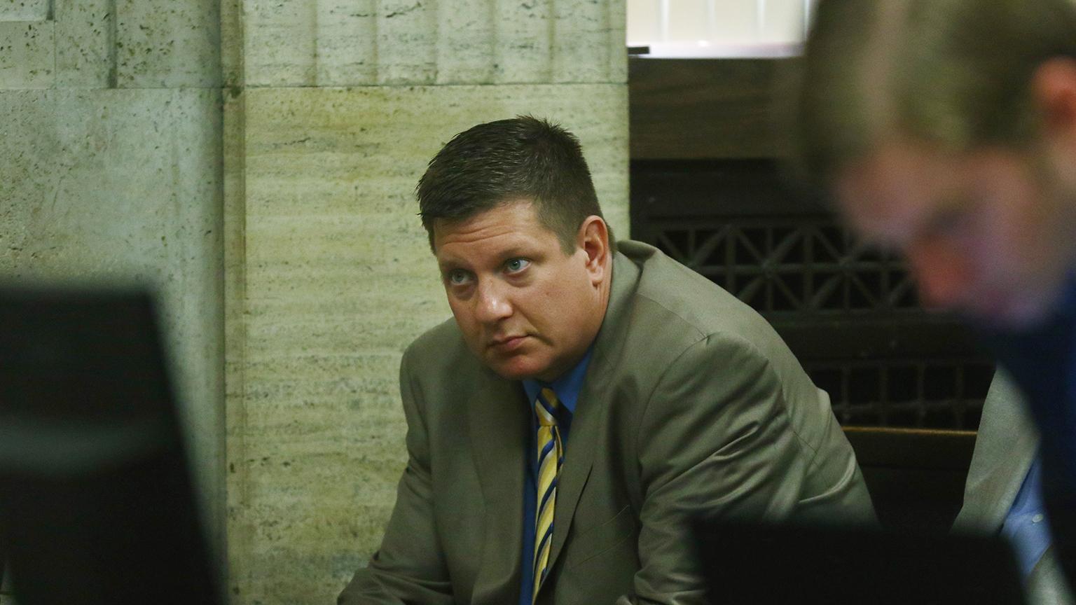 Chicago police Officer Jason Van Dyke sits in a courtroom during a hearing Tuesday, Aug. 7, 2018, at the Leighton Criminal Court Building in Chicago. (John J. Kim / Chicago Tribune / Pool)