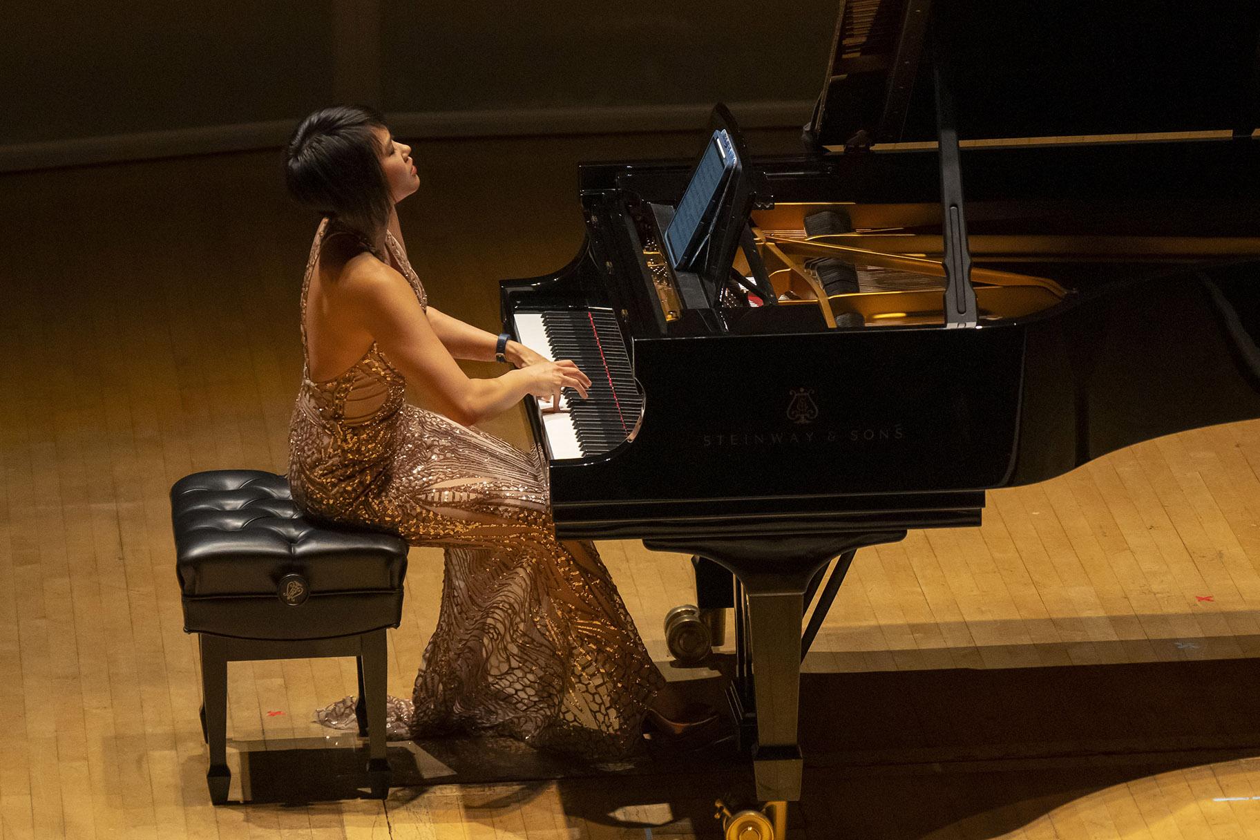 Yuja Wang performs a program with works by Bach, Beethoven, and Schoenberg, April 10, 2022. (Credit: Todd Rosenberg photography)