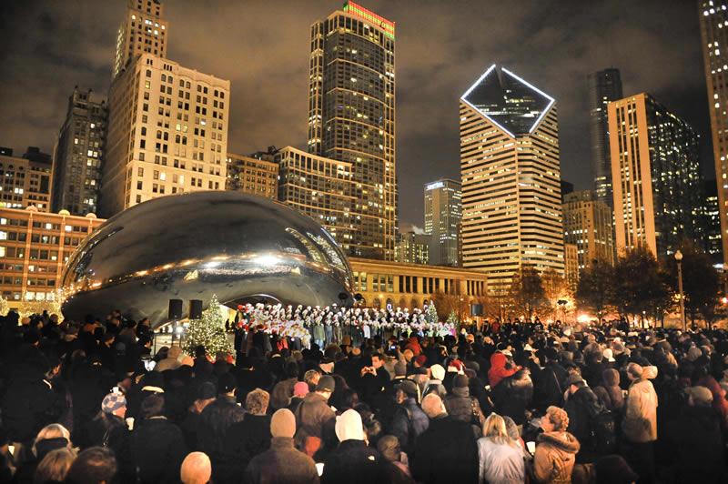 Gather round the bean for an evening of holiday songs when the city’s annual series kicks off. (Courtesy of City of Chicago)