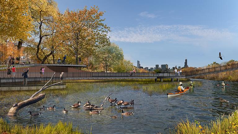 A rendering shows a wetland park and natural playground on the north branch of the Chicago River. The plan is part of the new Our Great Rivers project announced Wednesday. (Metropolitan Planning Council)