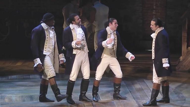 Non-white actors play the principle roles in "Hamilton." From left, Okieriete Onaodowan, Daveed Diggs, Anthony Ramos and Lin-Manuel Miranda. (Courtesy of The Public Theatre)