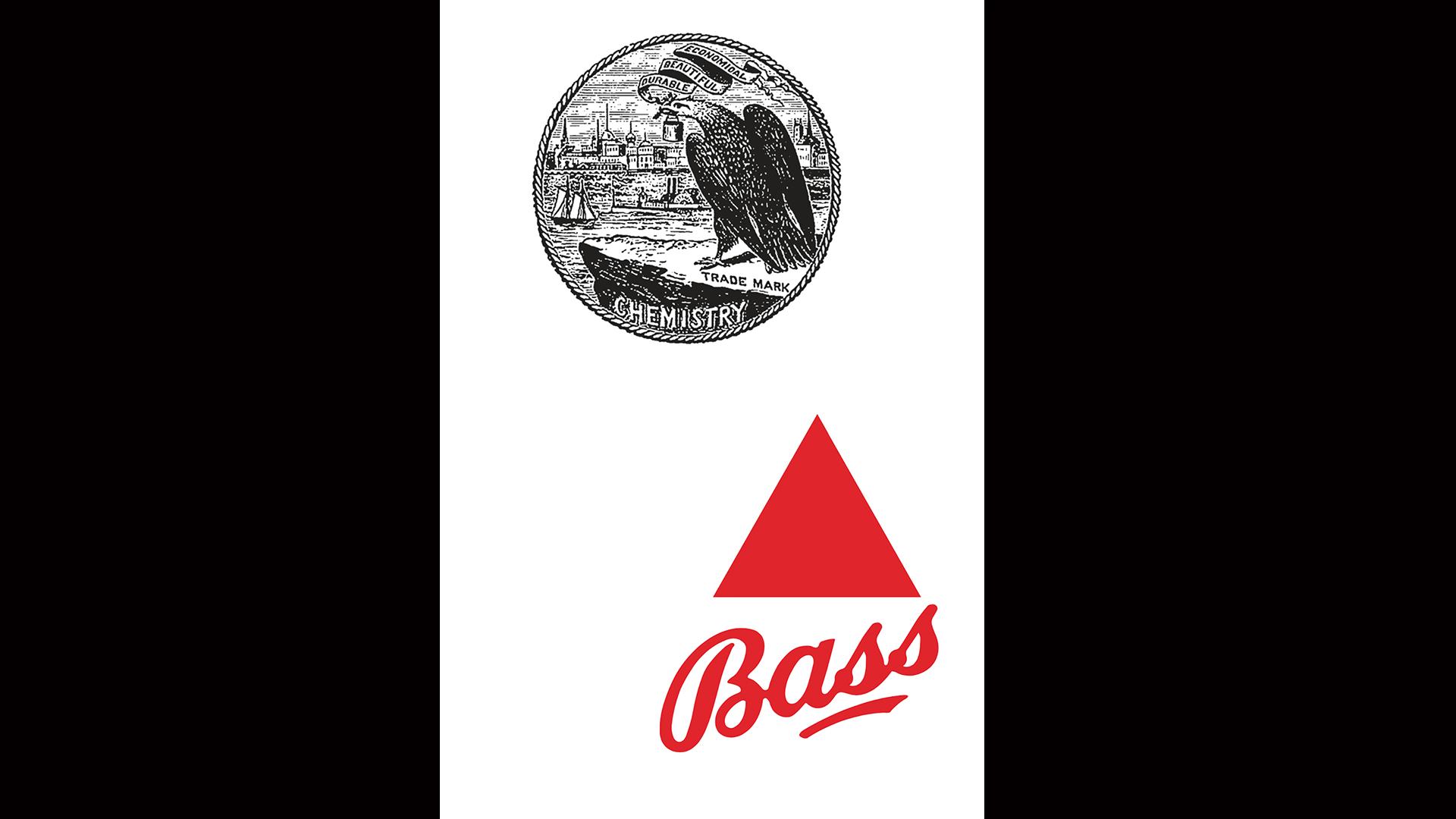 The original logo for paint manufacturer Averill (top) was the first trademark filed in the U.S., in 1970. British beer producer Bass filed the first European one in 1875, and the red triangle it contained is still found in the current logo (bottom). (Courtesy of Taschen)