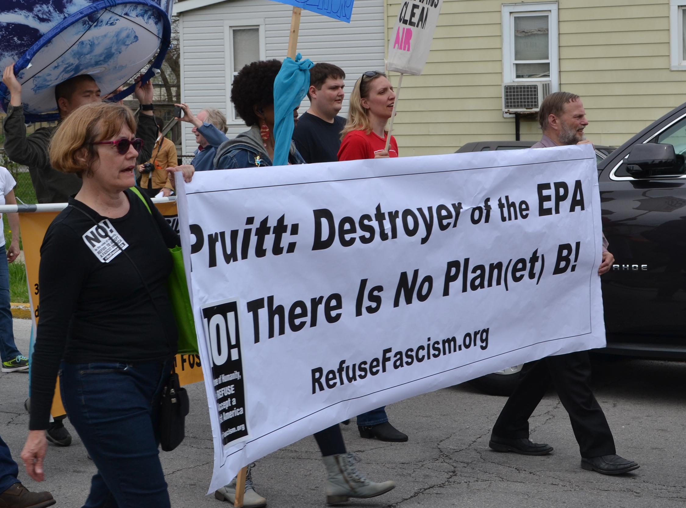 East Chicago residents and activists protest EPA head Scott Pruitt's visit April 19 to the city's lead-contaminated neighborhoods. (Alex Ruppenthal / Chicago Tonight)