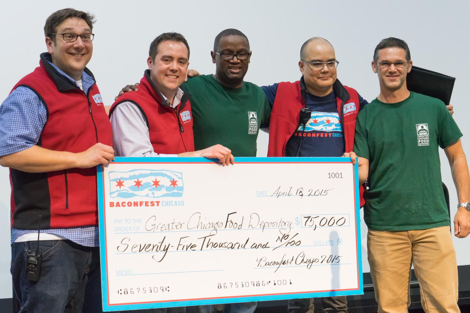 Seth Zurer, left, with his partners Michael Griggs and Andre "vonBaconvitch," donated $75,000 to the Greater Chicago Food Depository last year.