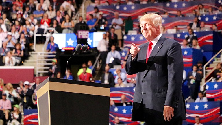 Republican presidential nominee Donald Trump points to the crowd during his speech on the final night of the Republican National Convention in Cleveland. (Evan Garcia / Chicago Tonight)