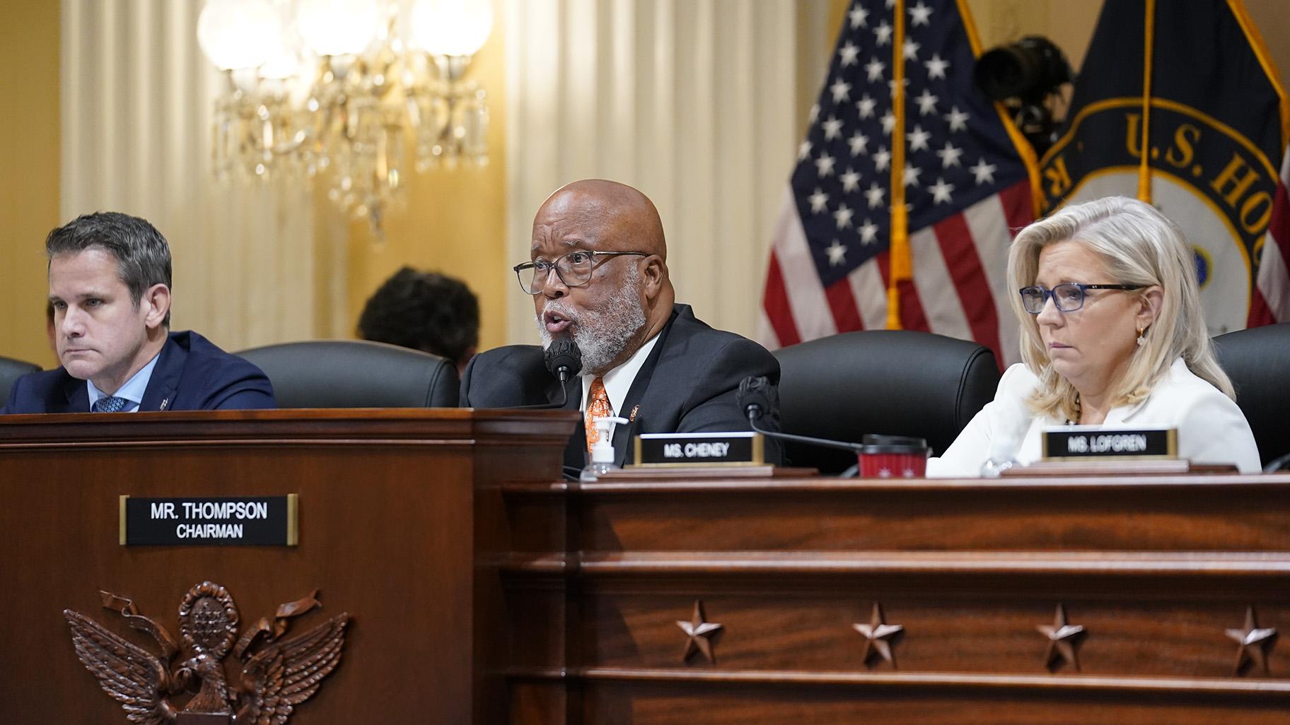 Chairman Bennie Thompson, D-Miss., center, speaks as the House select committee investigating the Jan. 6 attack on the U.S. Capitol continues to reveal its findings of a year-long investigation, at the Capitol in Washington, Thursday, June 23, 2022. Rep. Adam Kinzinger, R-Ill., left, and Vice Chair Liz Cheney, R-Wyo., right, listen. (AP Photo / J. Scott Applewhite)