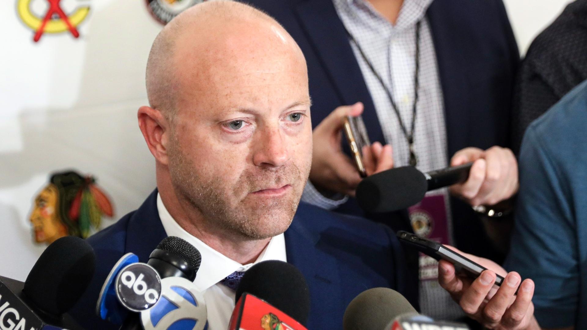 In this July 26, 2019, file photo, Chicago Blackhawks senior vice president and general manager Stan Bowman speaks to the media during the NHL hockey team’s convention in Chicago. (AP Photo / Amr Alfiky, File)